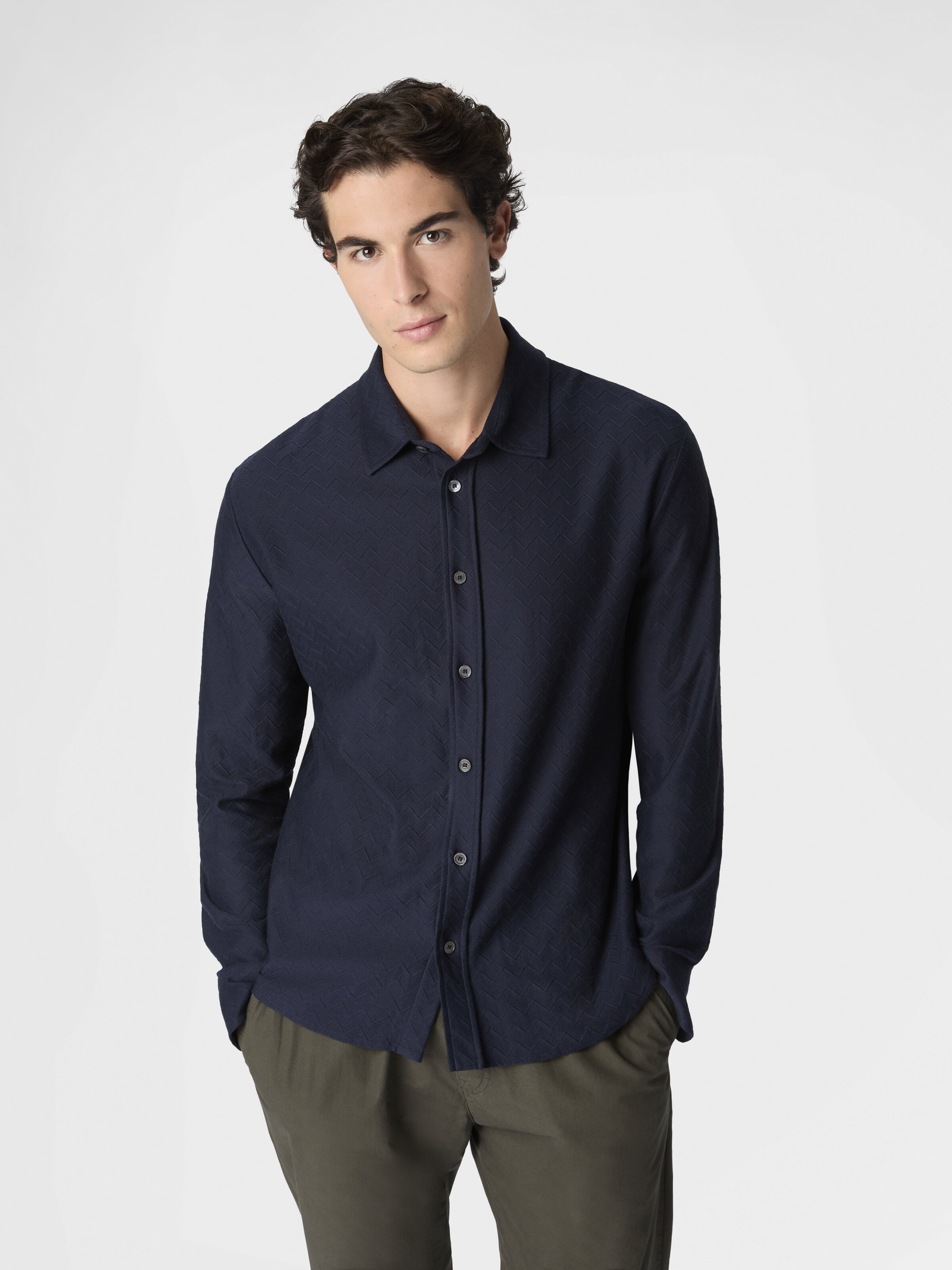 Cotton jacquard shirt with tone-on-tone zigzag pattern, Blue - 3