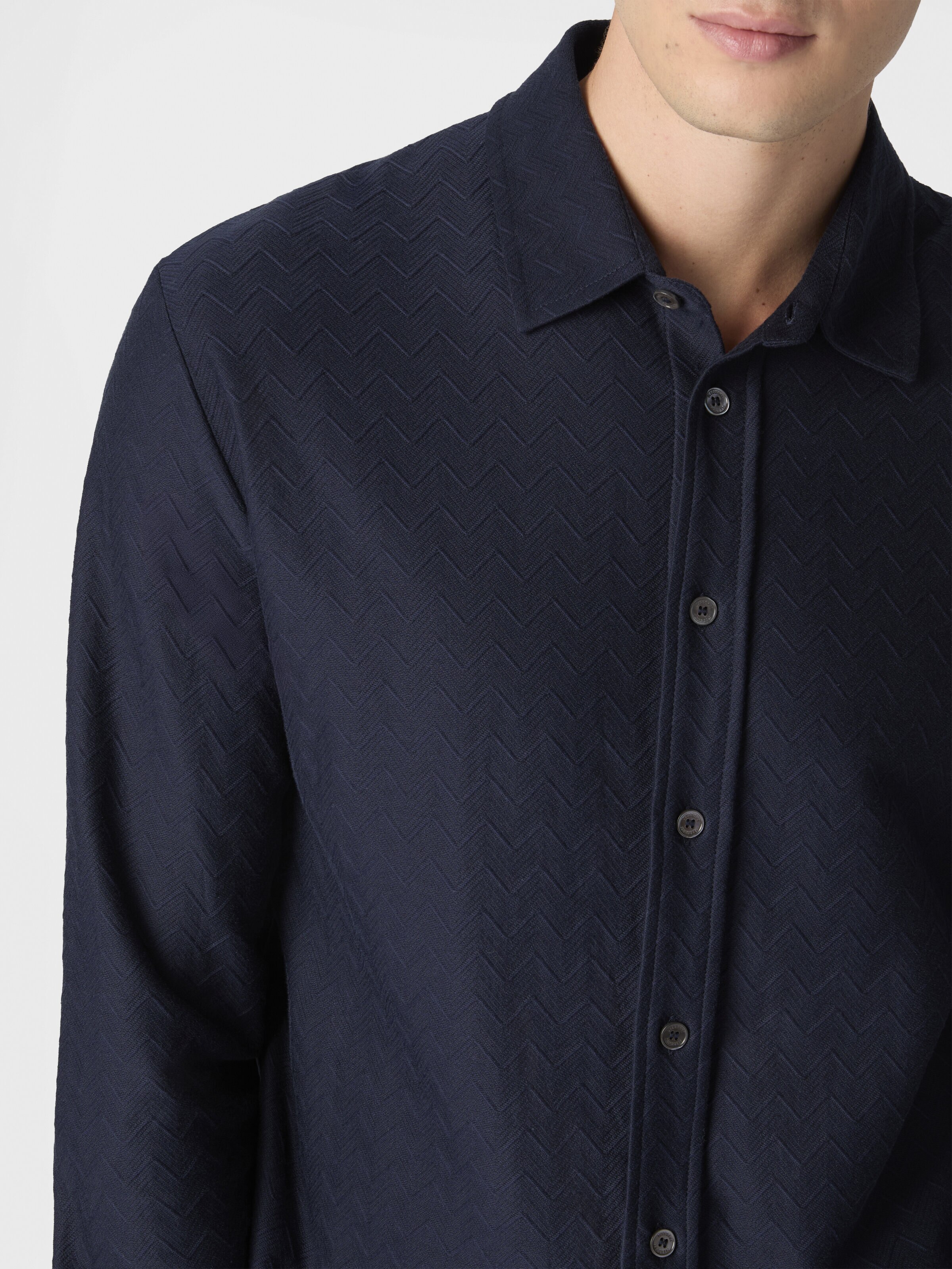 Cotton jacquard shirt with tone-on-tone zigzag pattern, Blue - 4