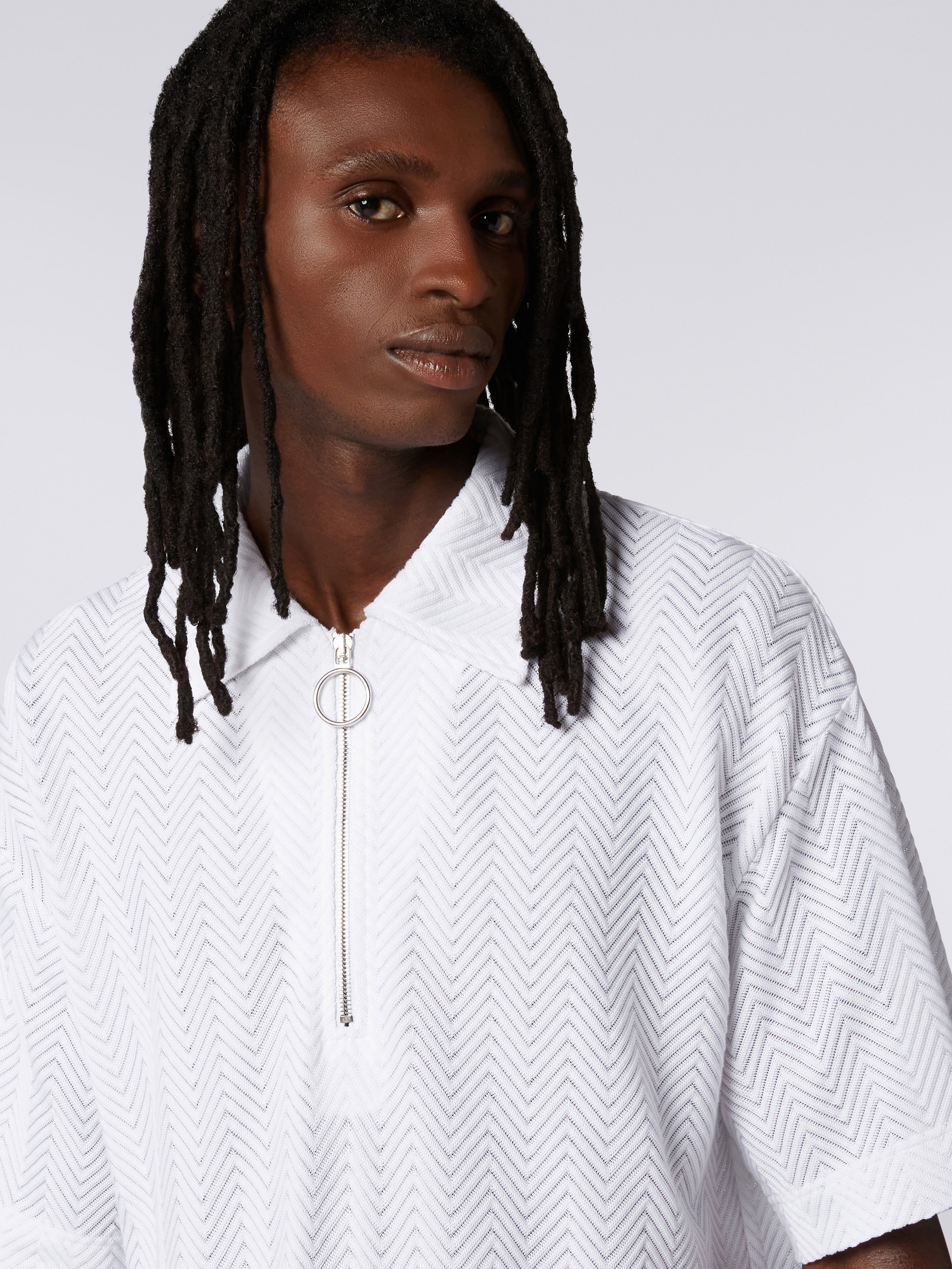 Polo à manches courtes en coton et viscose, Blanc  - 4