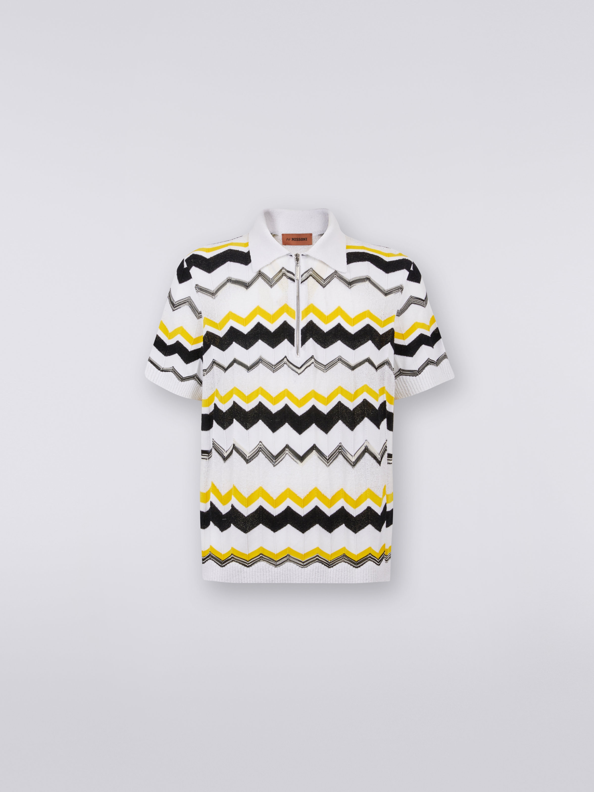 Poloshirt aus Strick mit Reißverschluss, Baumwoll-Viskose-Mischgewebe, Weiß, Beige & Gelb - 0
