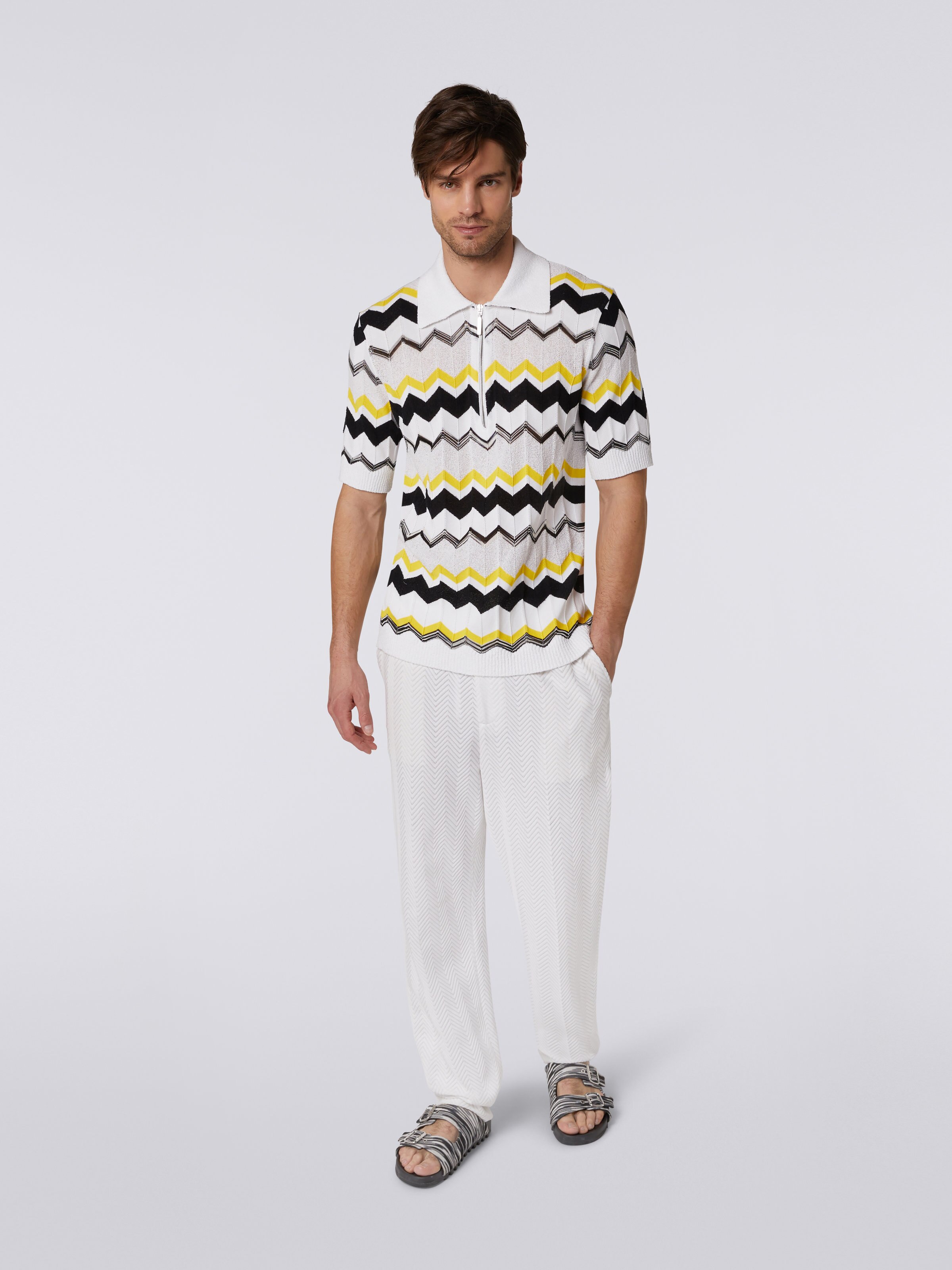 Poloshirt aus Strick mit Reißverschluss, Baumwoll-Viskose-Mischgewebe, Weiß, Beige & Gelb - 1