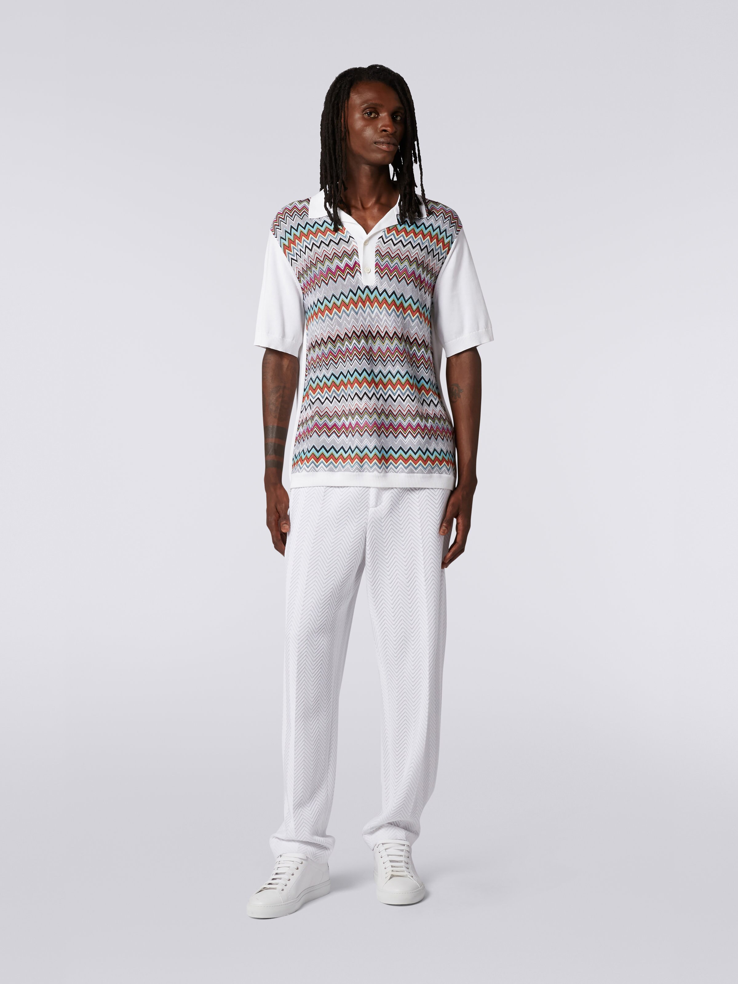 Polo a maniche corte in cotone e seta, Bianco & Multicolore - 1
