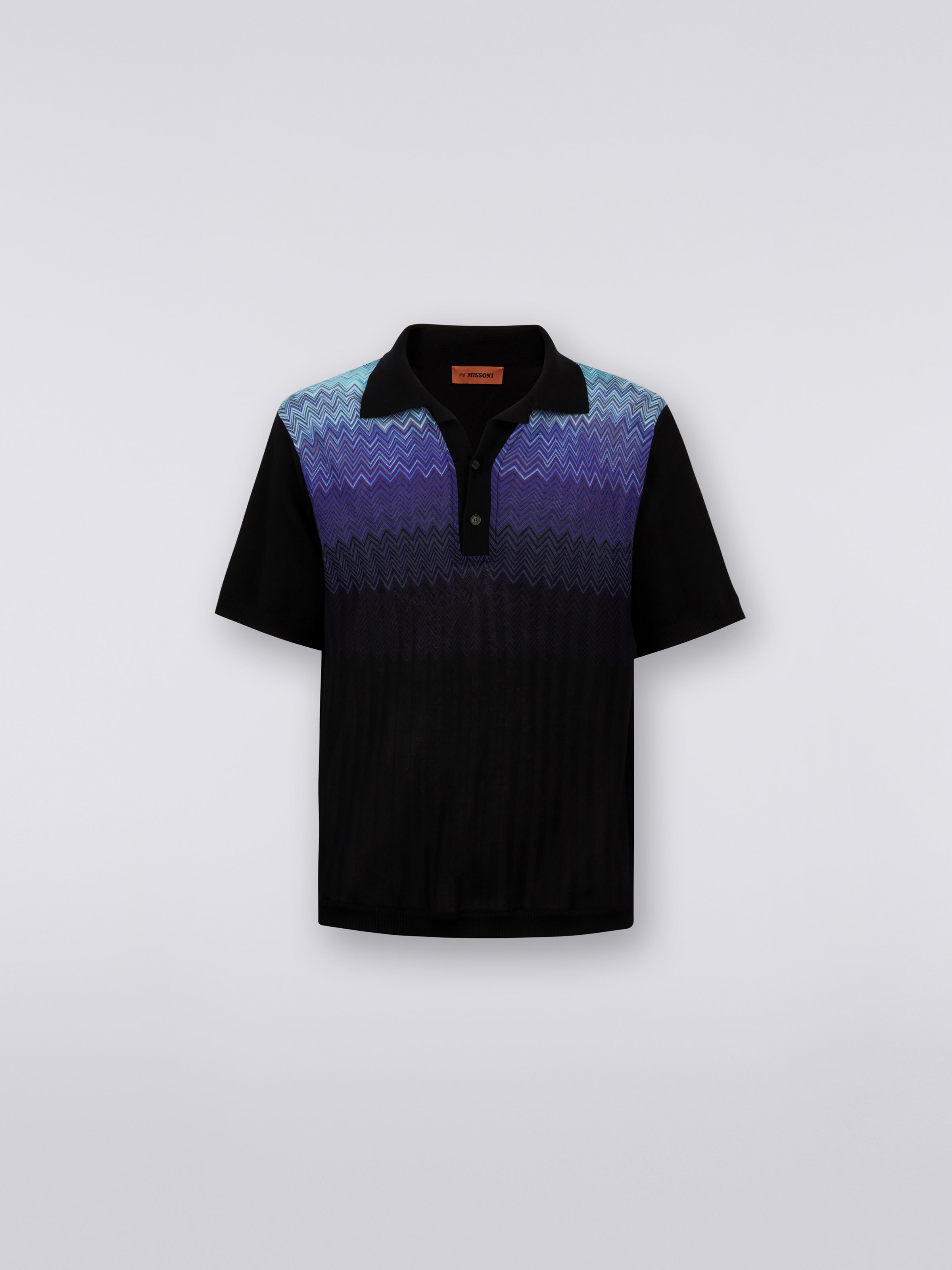 Cotton and silk short-sleeved polo shirt, Black & Blue - 0