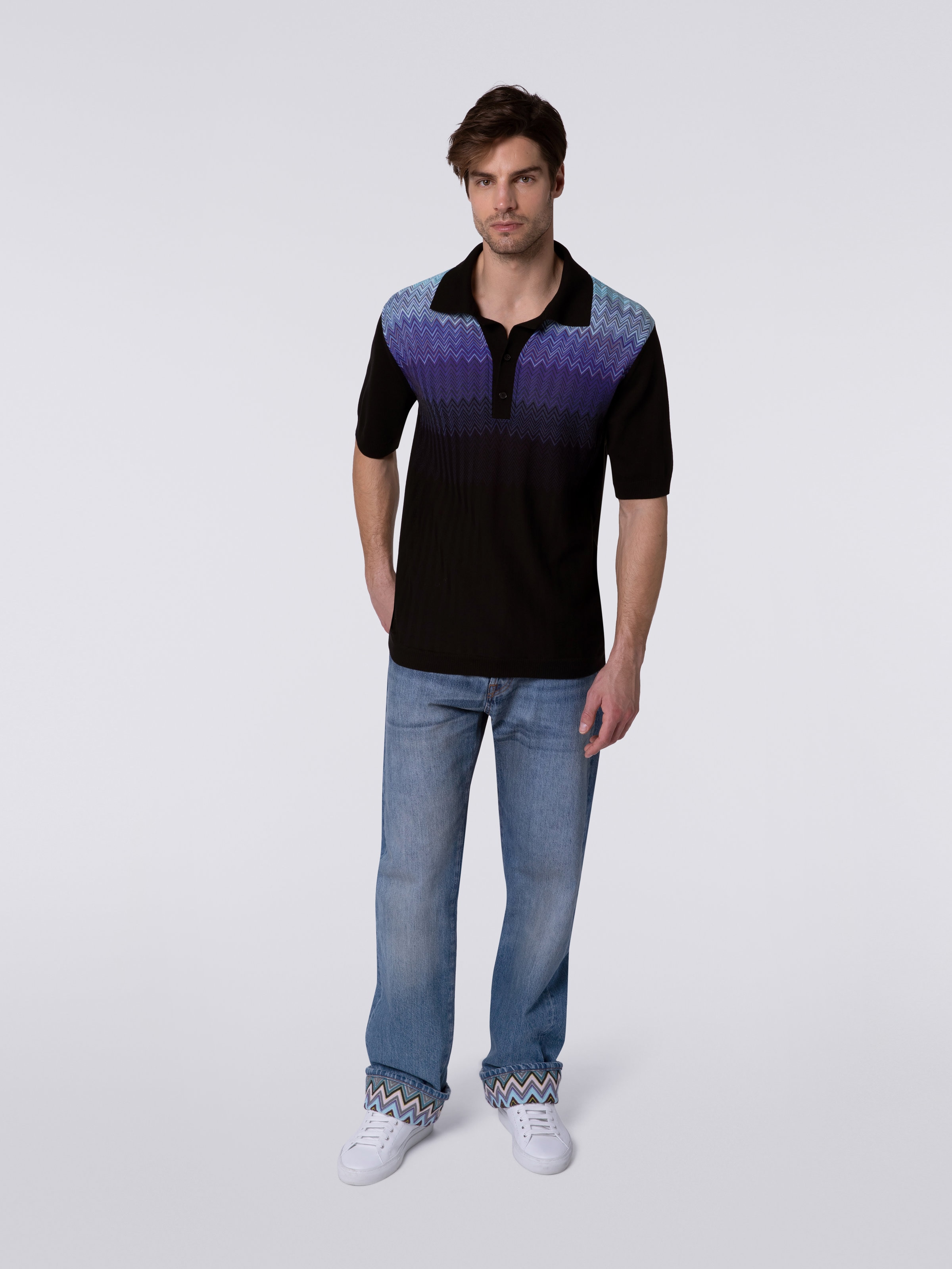 Kurzärmeliges Poloshirt aus Baumwolle und Seide, Schwarz & Blau - 1