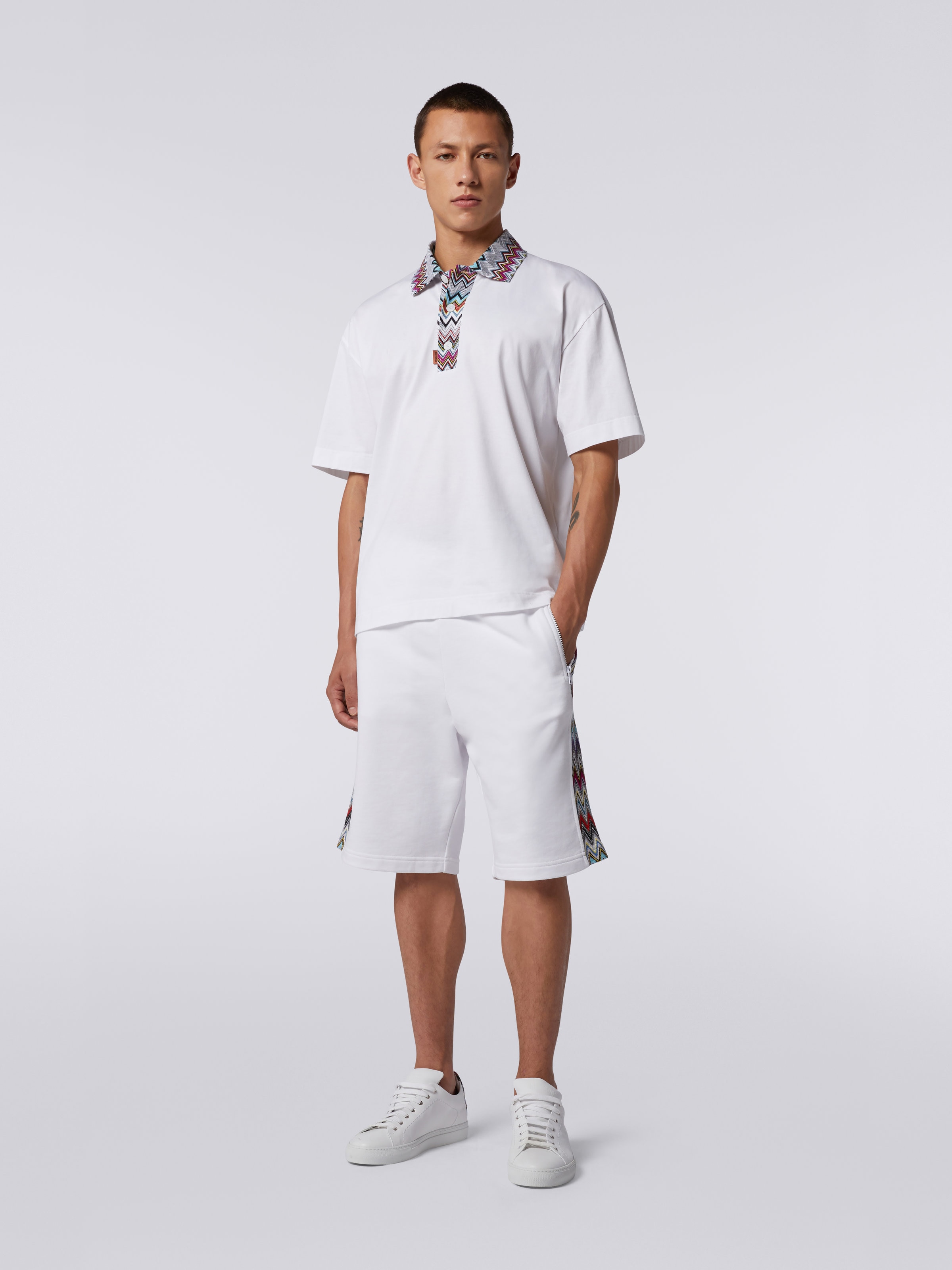 Cotton polo shirt with dégradé chevron pattern, White  - 1