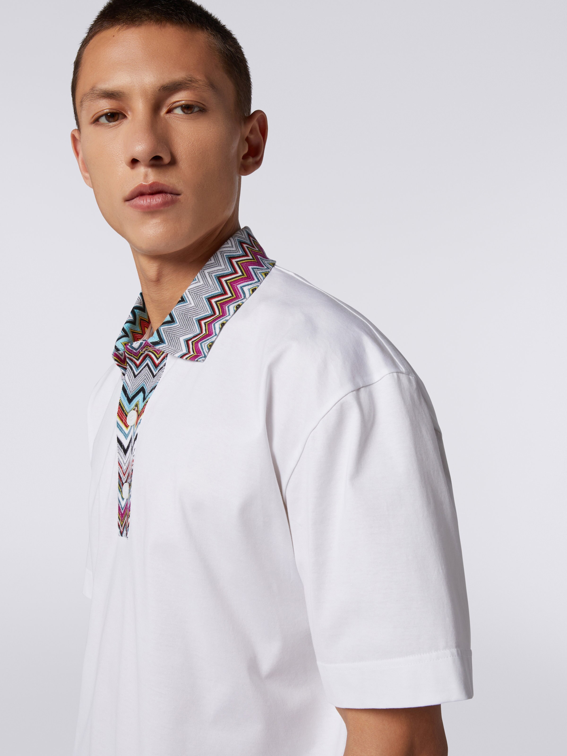 Cotton polo shirt with dégradé chevron pattern, White  - 4