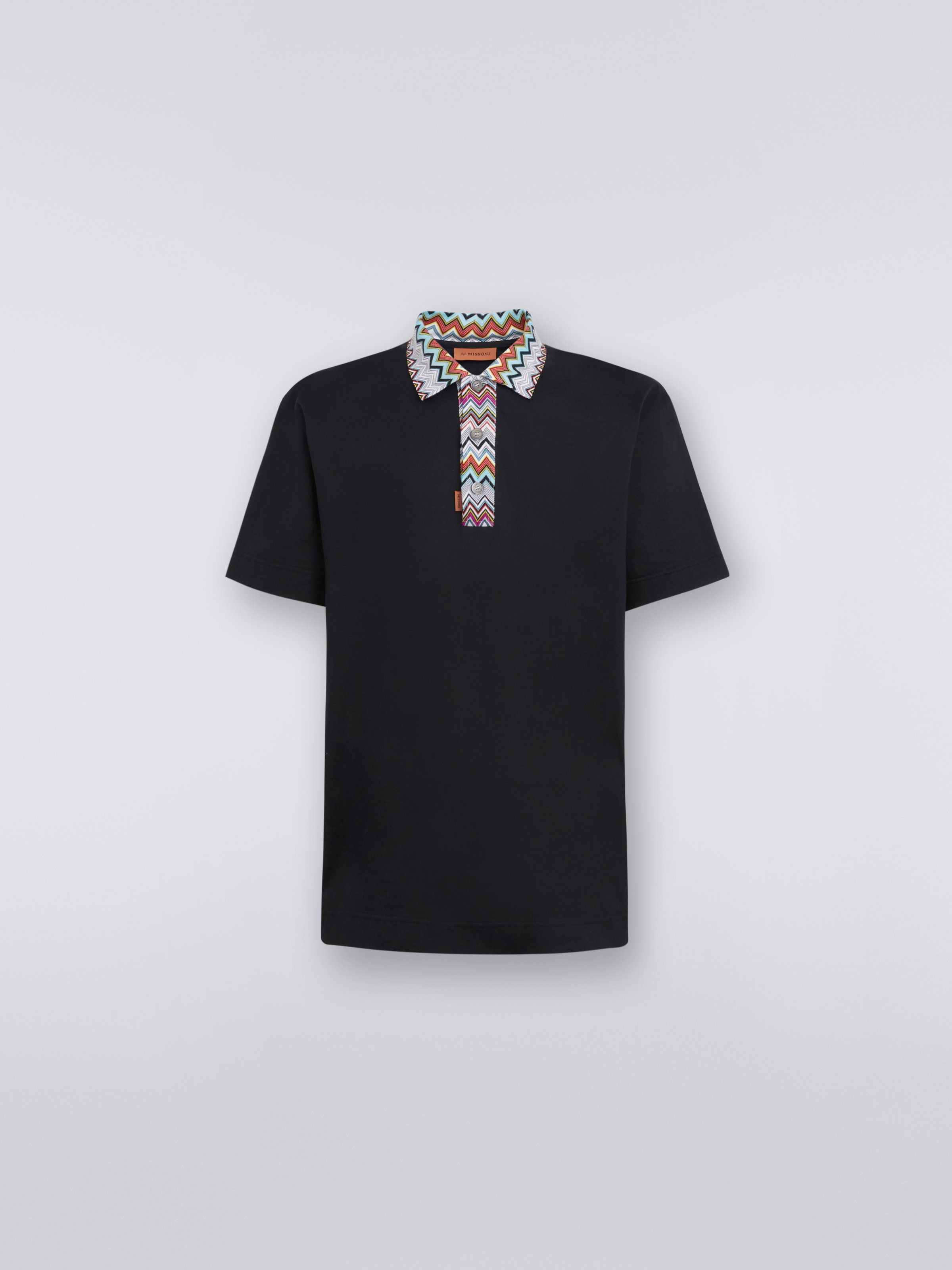 Cotton polo shirt with dégradé chevron pattern, Black    - 0