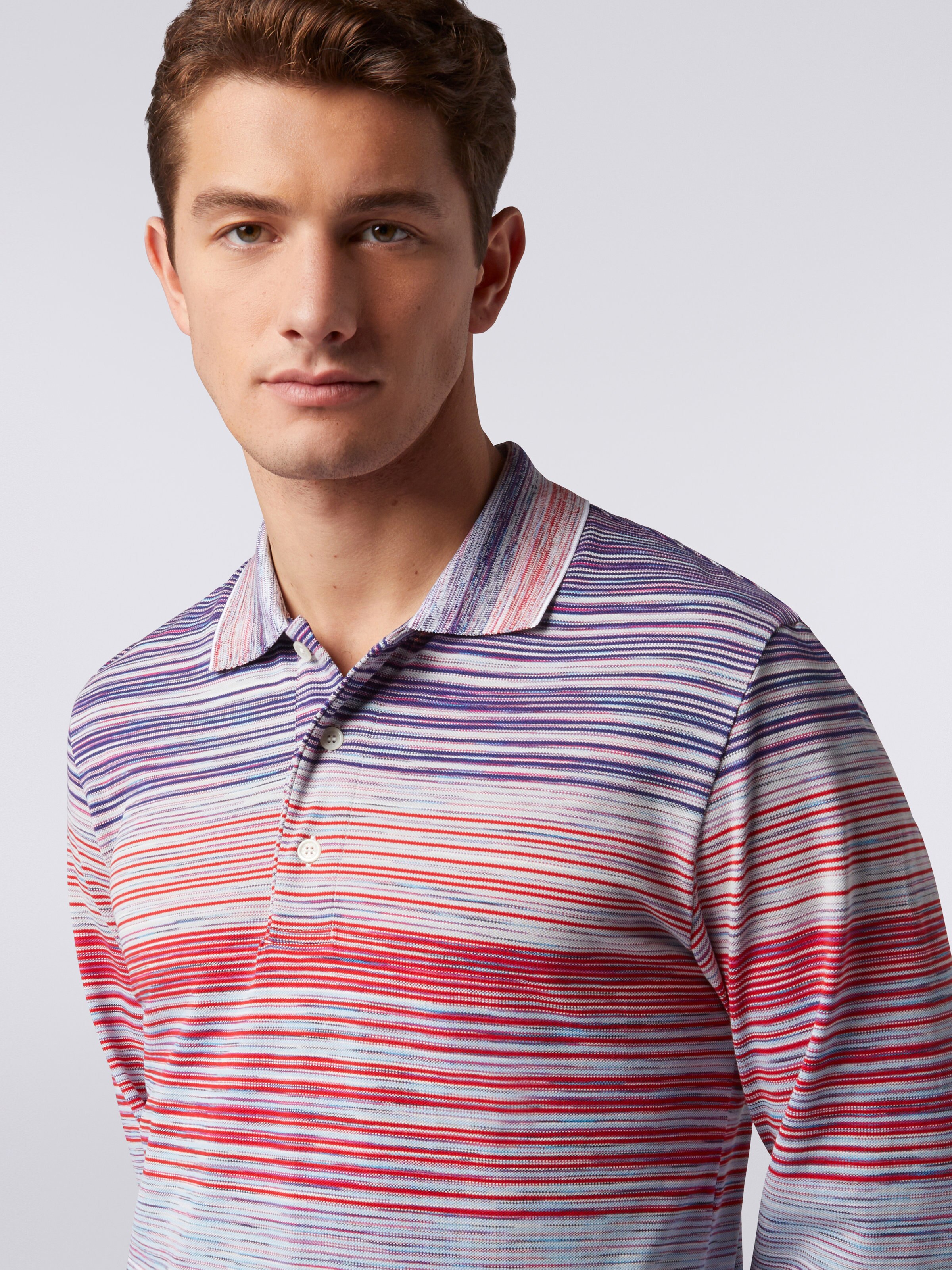 Slub viscose long-sleeved polo shirt, Red, Purple & Light Blue - 4