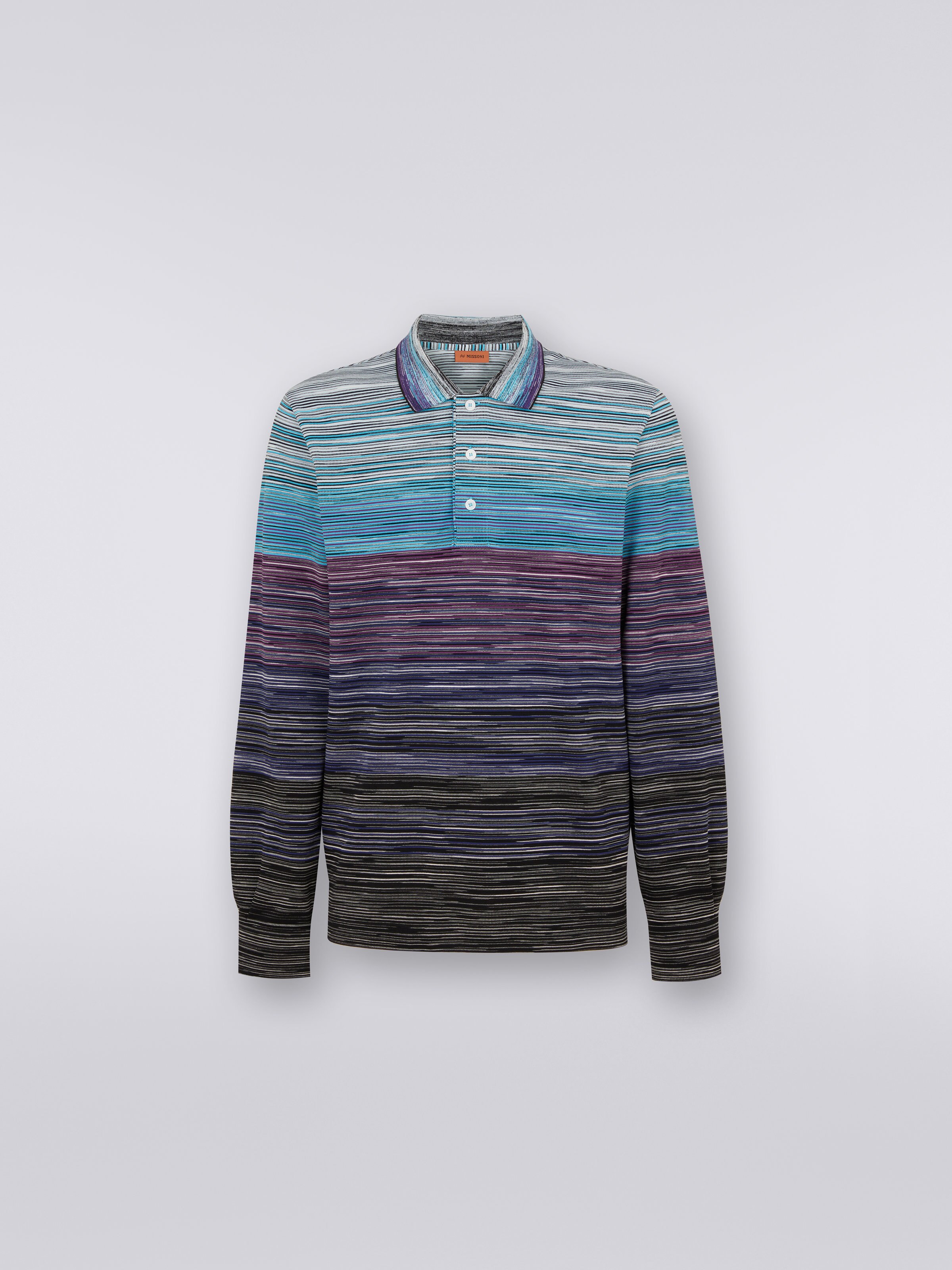 Slub viscose long-sleeved polo shirt, Multicoloured - 0