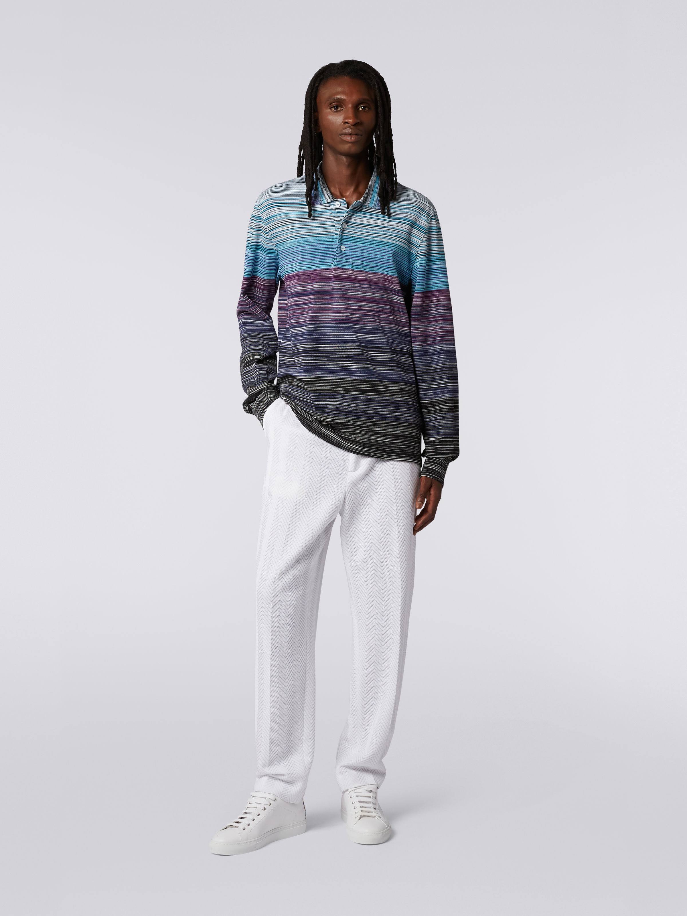 Slub viscose long-sleeved polo shirt, Multicoloured - 1