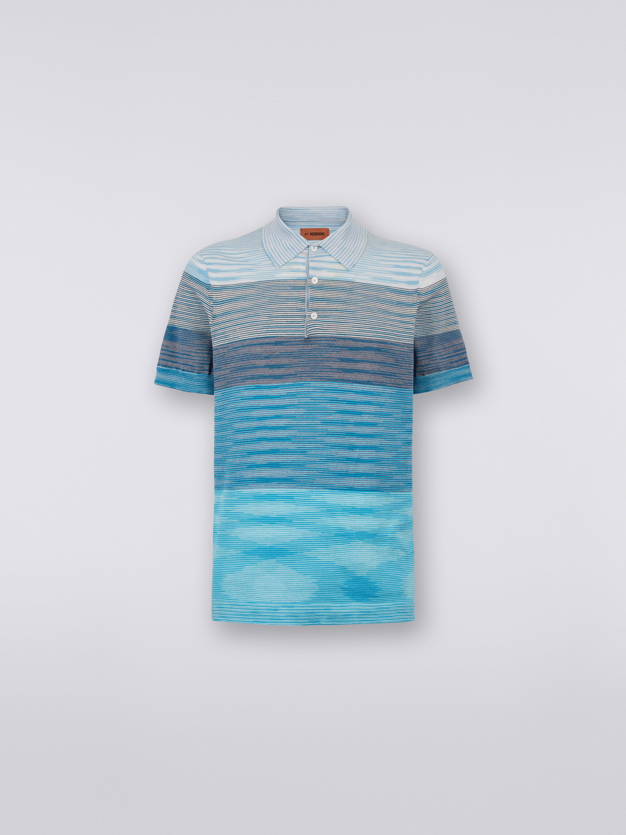 Kurzärmeliges Poloshirt aus gestreifter Baumwolle mit Dégradé-Effekt, Weiß & Hellblau - 0