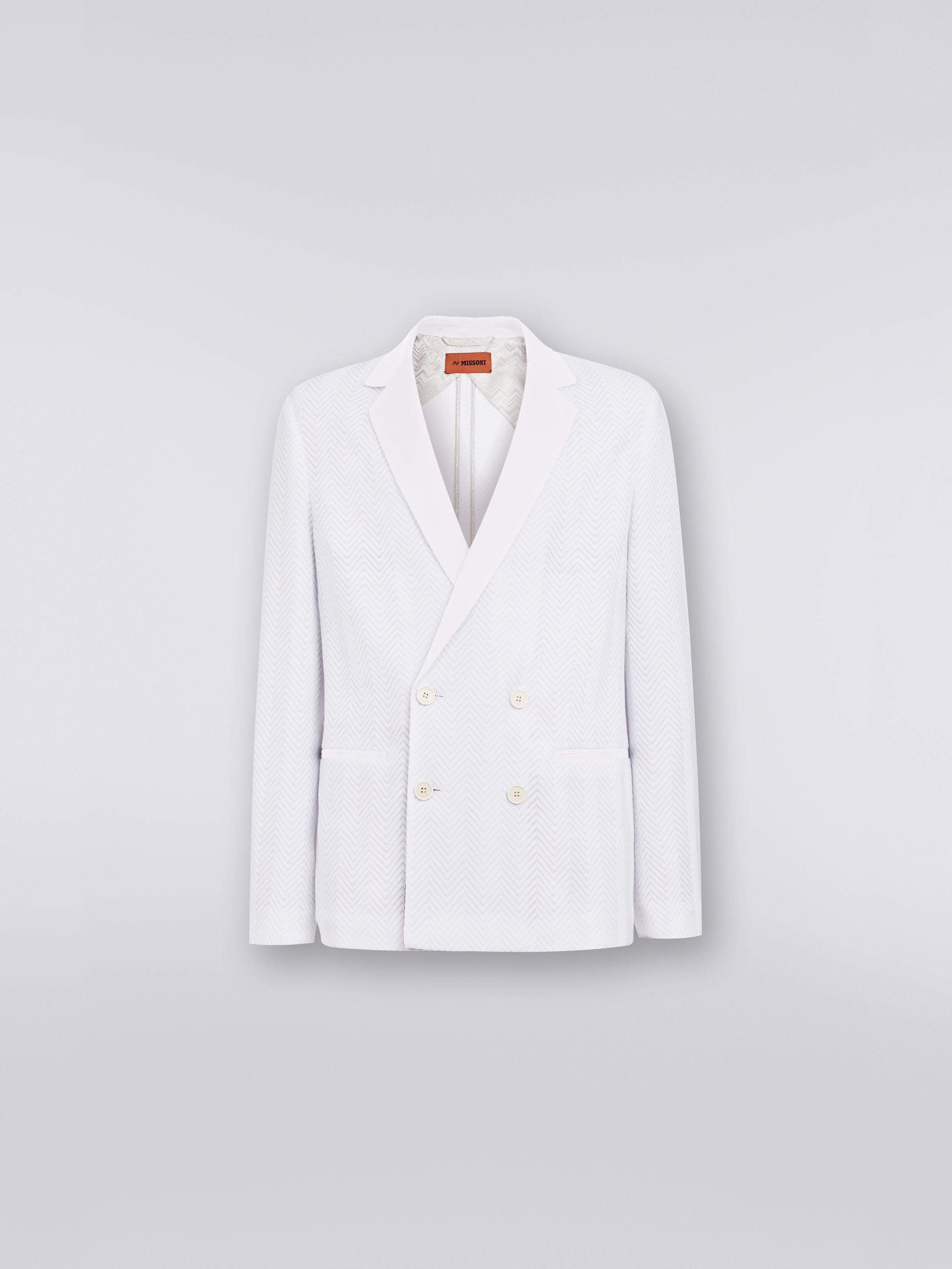 Plain cotton and viscose chevron double-breasted blazer, White  - 0