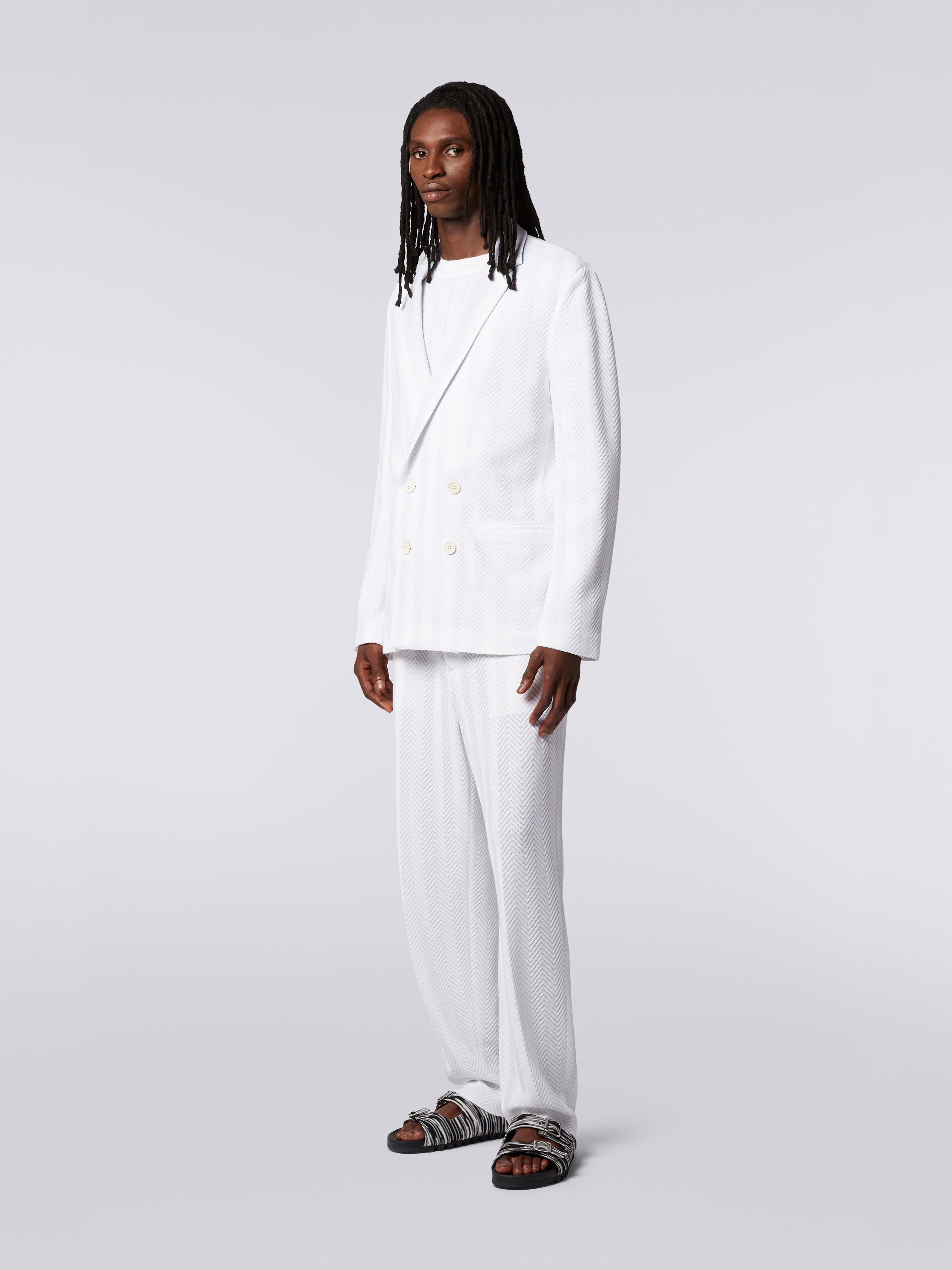 Plain cotton and viscose chevron double-breasted blazer, White  - 1