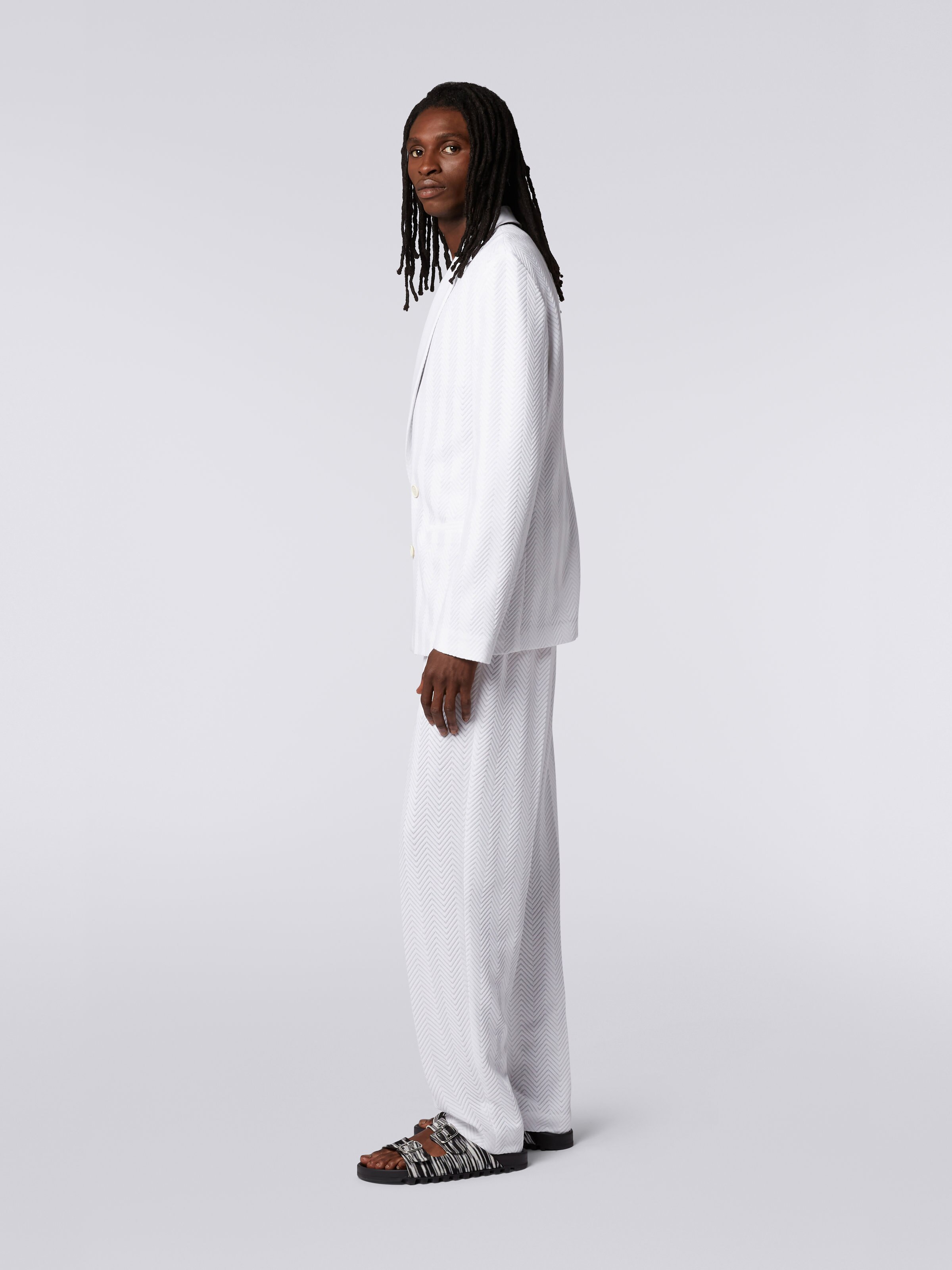 Plain cotton and viscose chevron double-breasted blazer, White  - 3