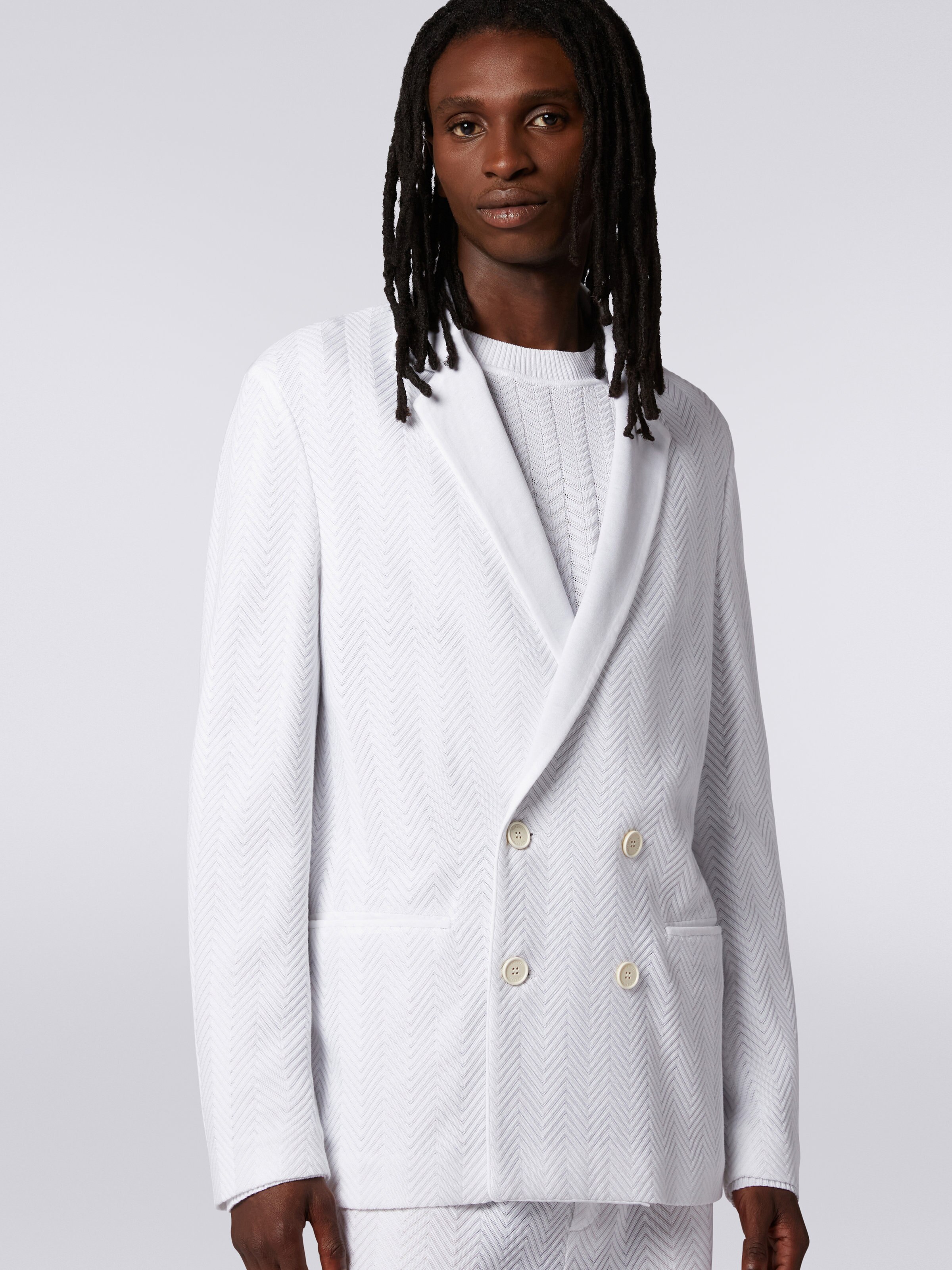 Plain cotton and viscose chevron double-breasted blazer, White  - 4