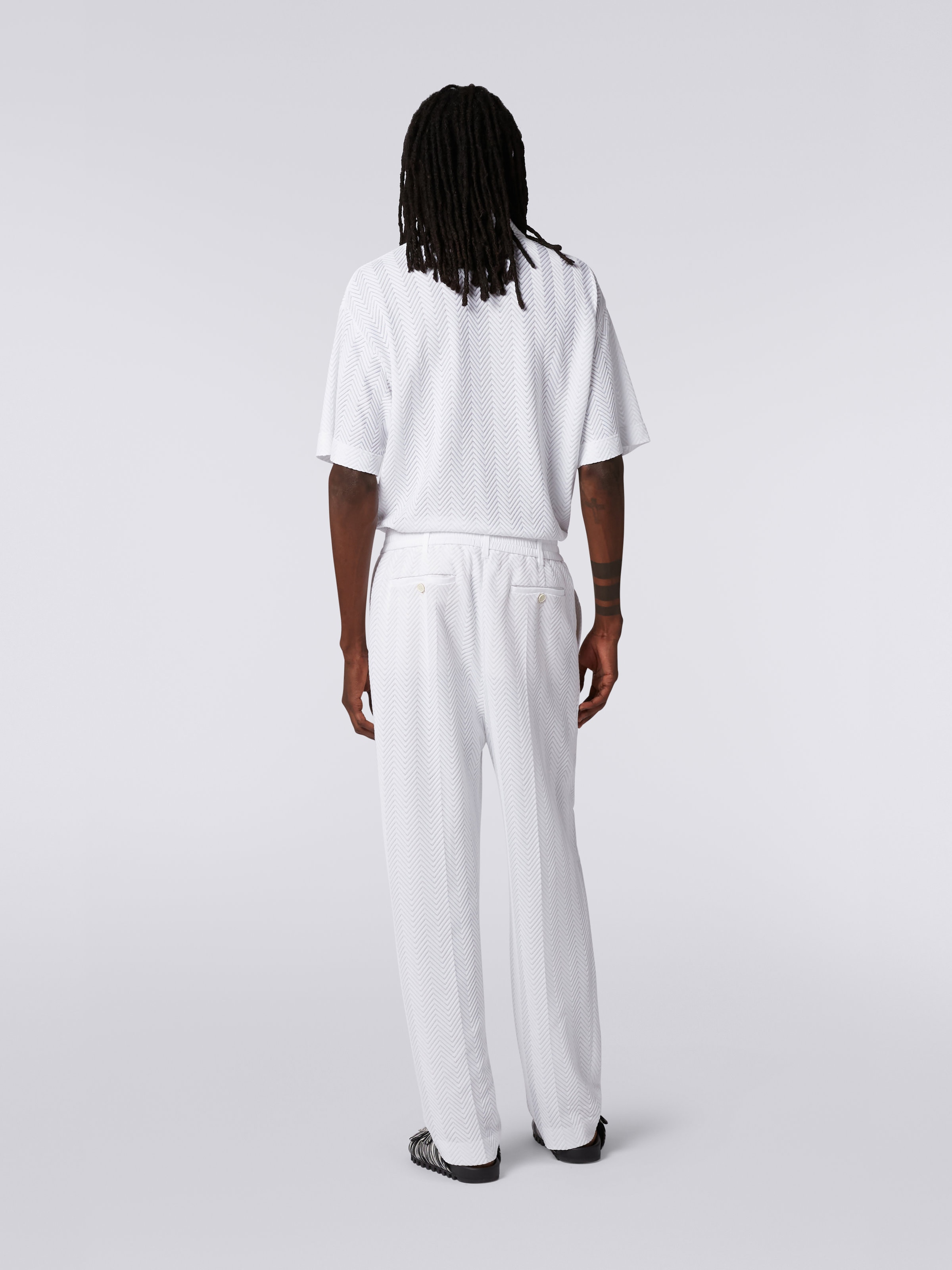 Classic plain cotton and viscose chevron trousers, White  - 3