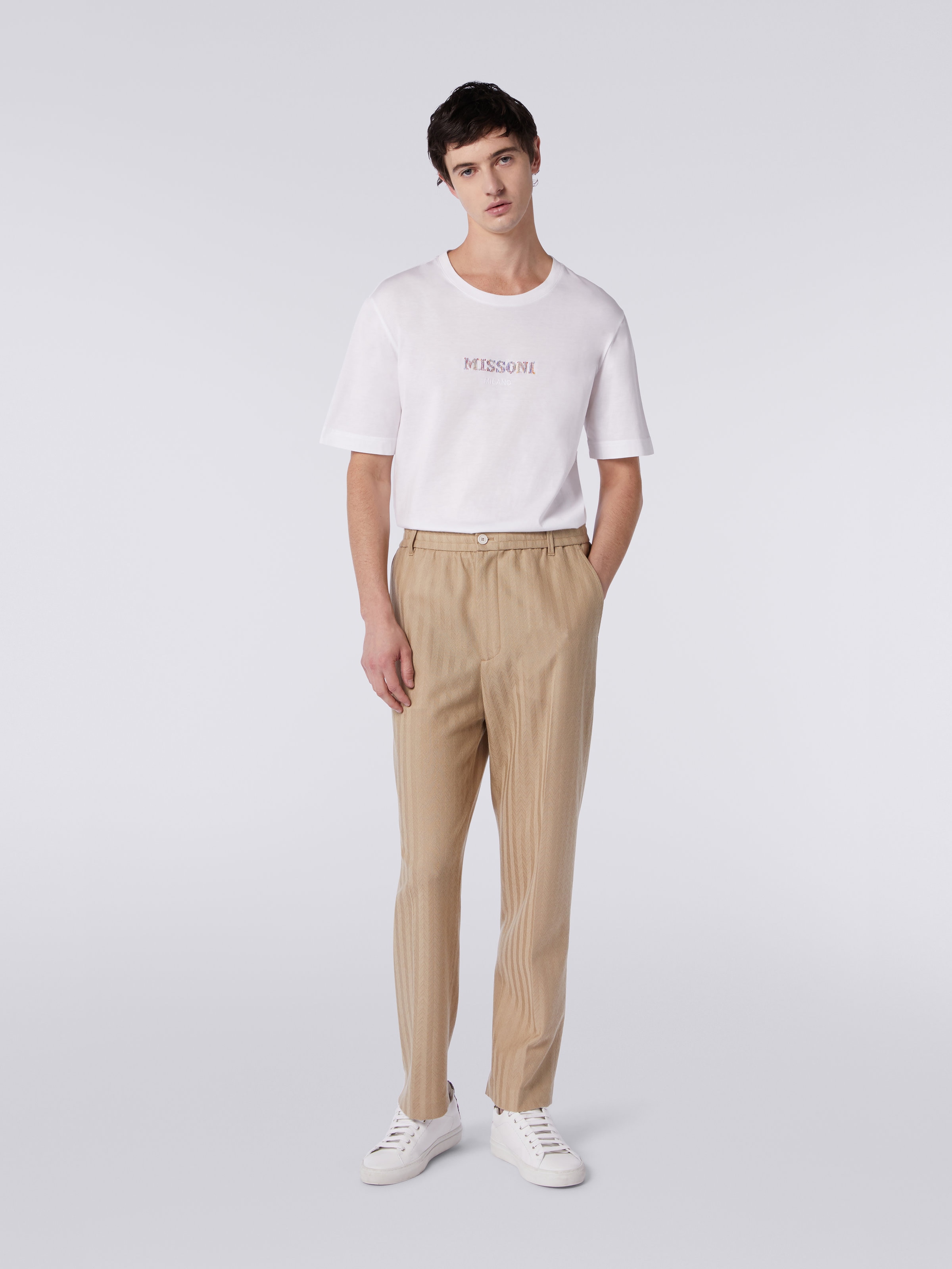 Pantaloni in viscosa e cotone chevron con piega stirata, Bianco  - 1