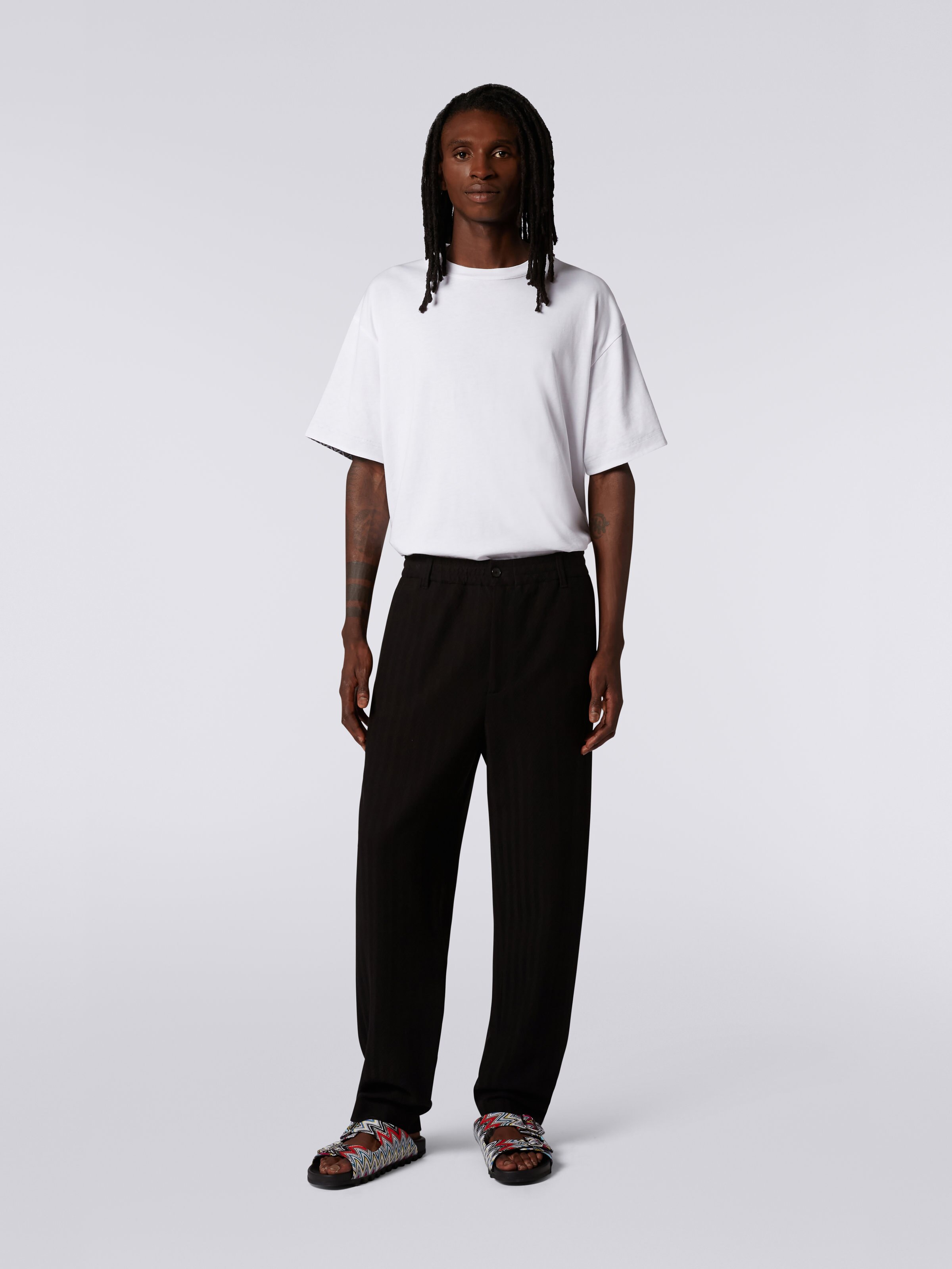 Viscose and cotton chevron trousers with ironed crease, Black    - 1
