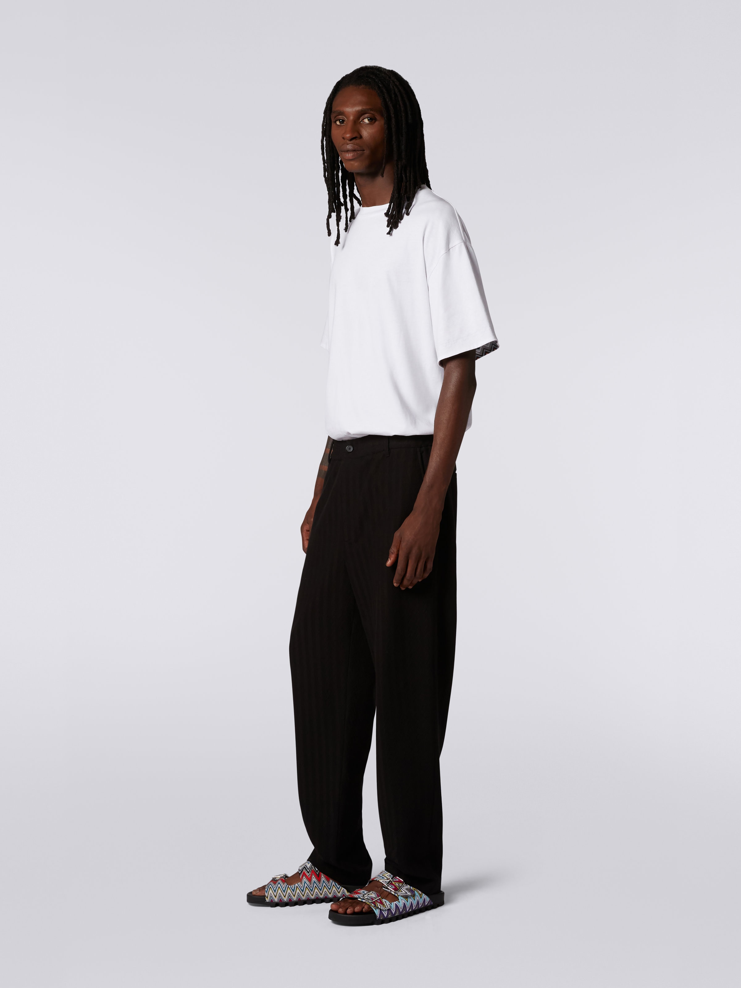 Viscose and cotton chevron trousers with ironed crease, Black    - 2