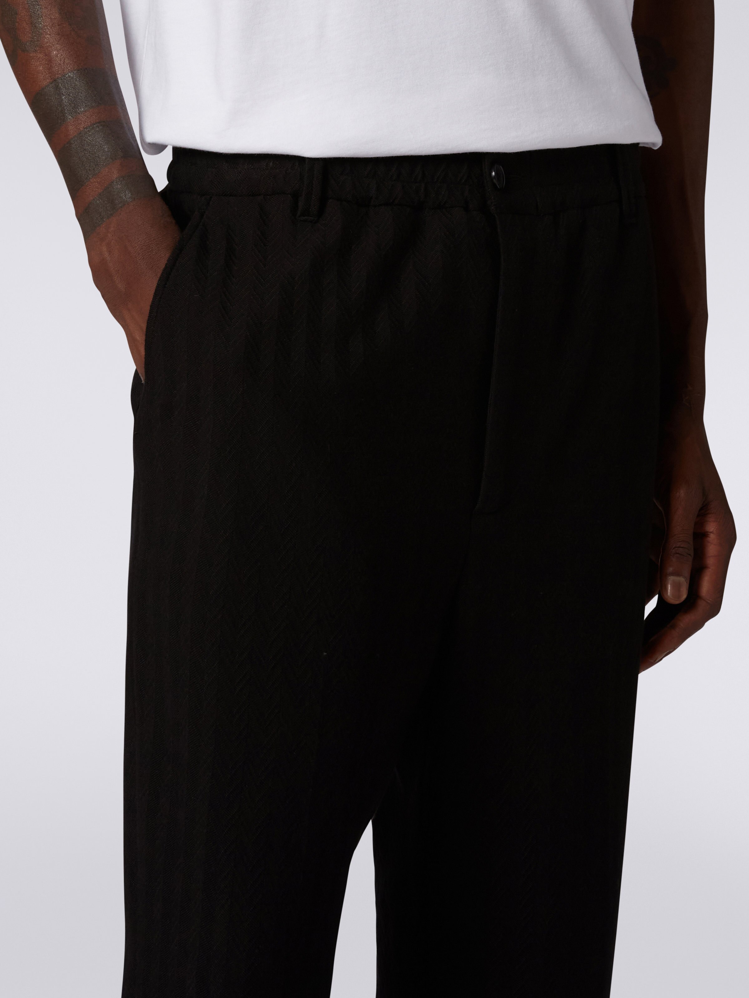 Viscose and cotton chevron trousers with ironed crease, Black    - 4
