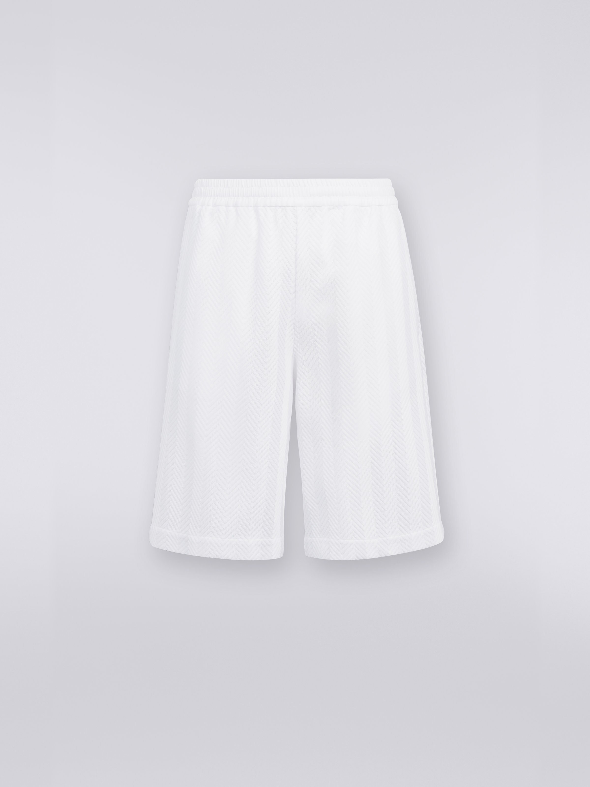 Cotton and viscose blend Bermuda shorts with zigzag working, White  - 0