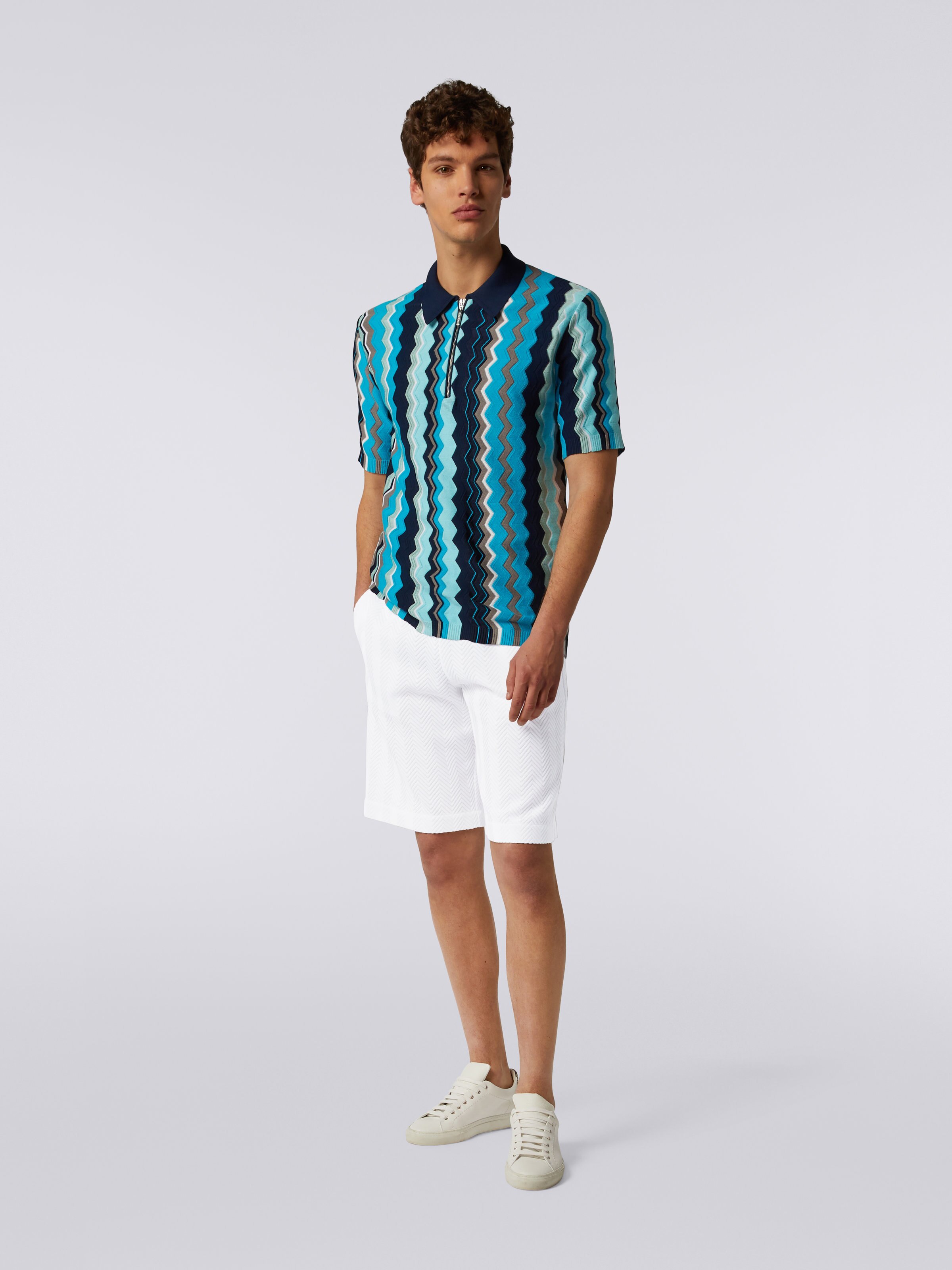 Cotton and viscose blend Bermuda shorts with zigzag working, White  - 1