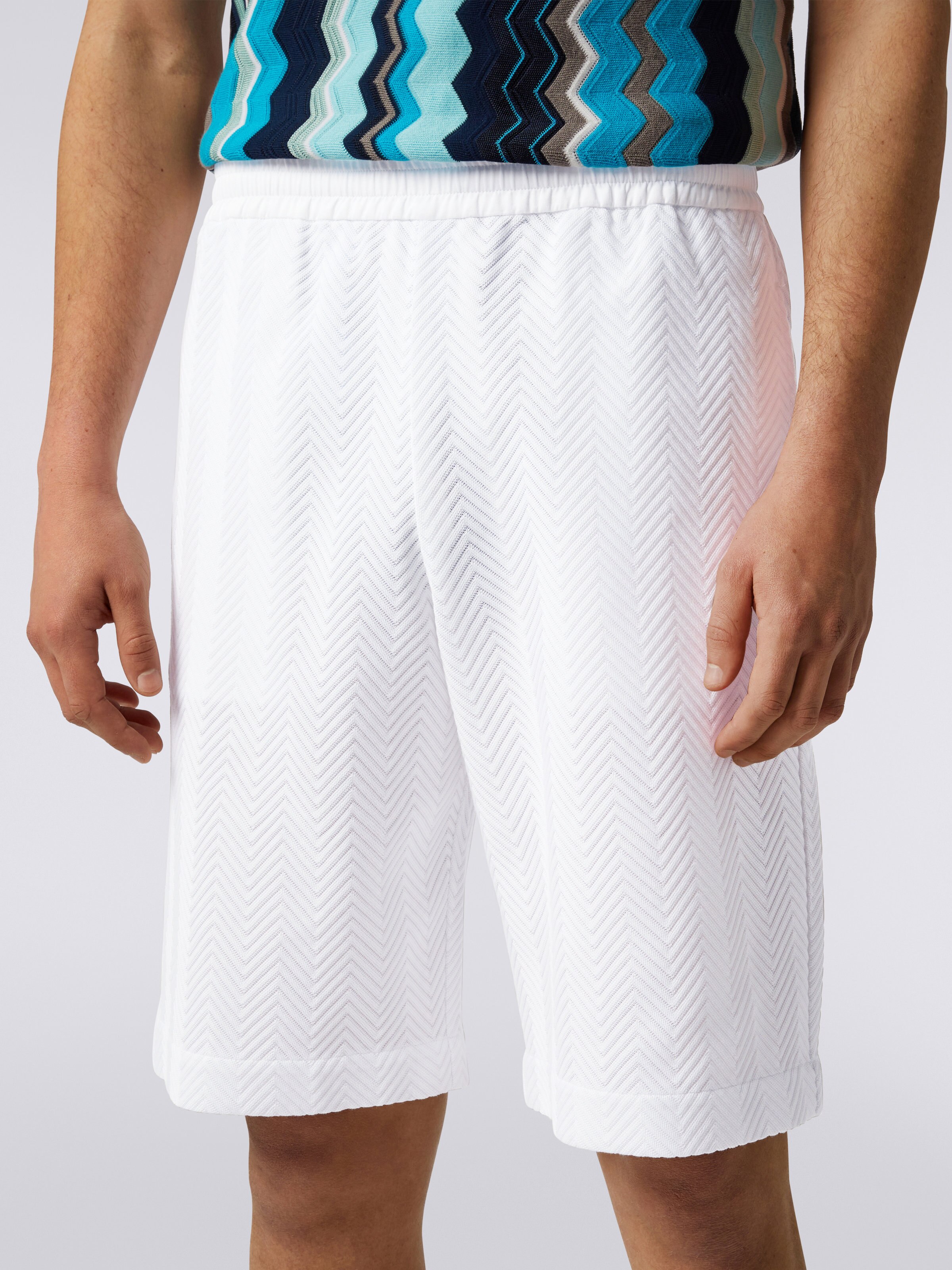 Cotton and viscose blend Bermuda shorts with zigzag working, White  - 4