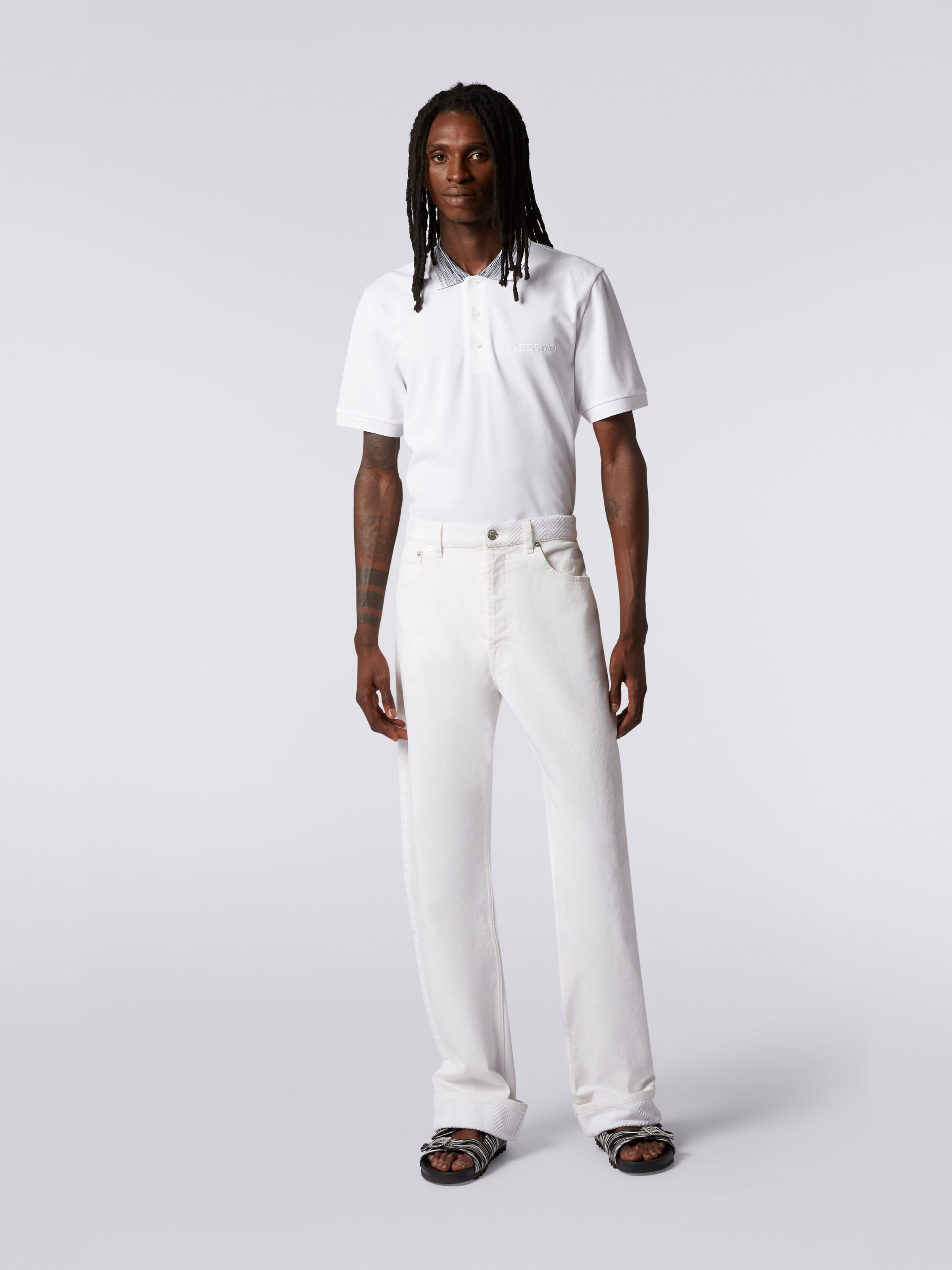 Five-Pocket-Hose aus Stretch-Baumwolle mit Strickeinsätzen, Weiß  - 1