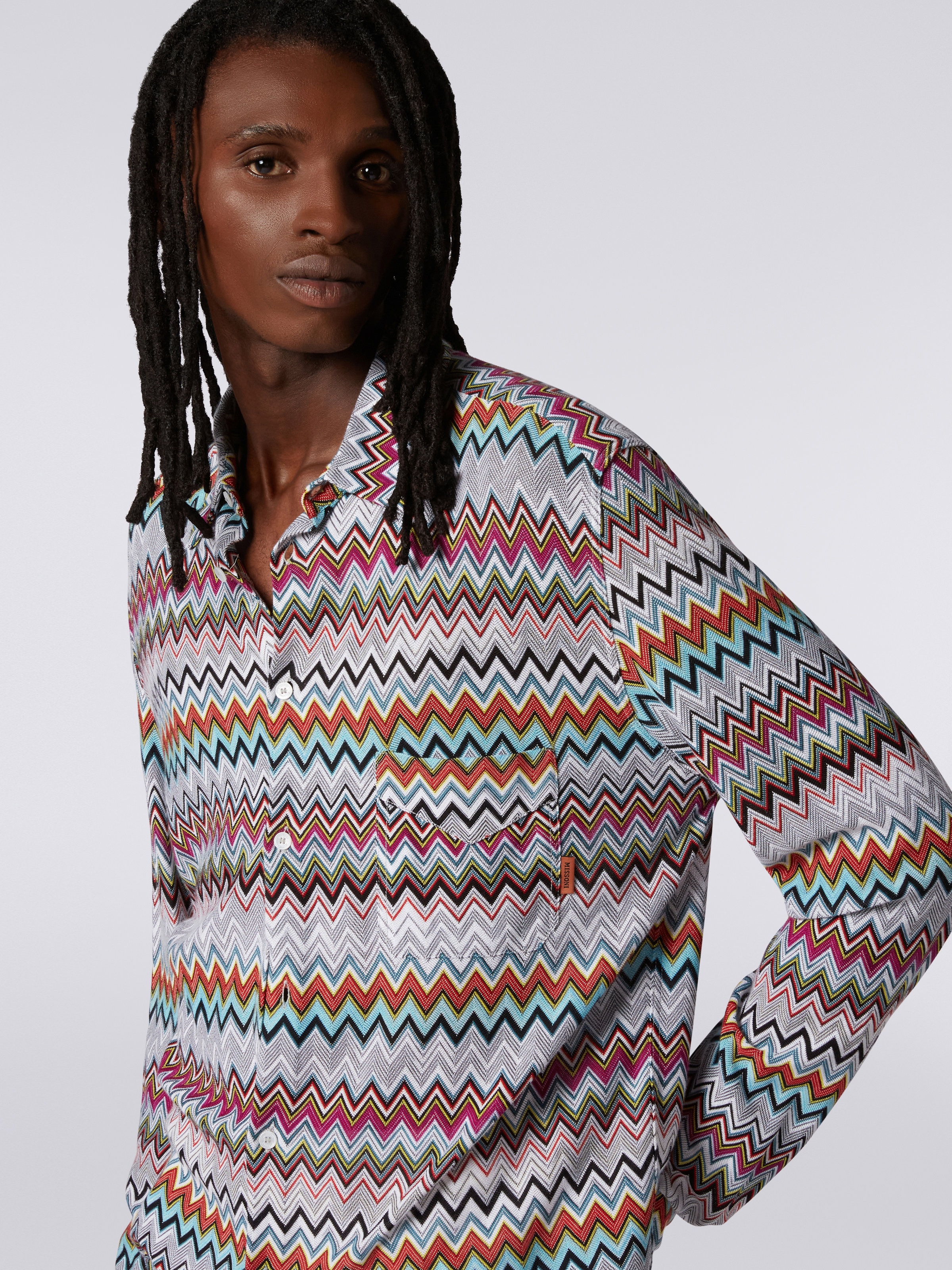 Cotton and viscose chevron shirt, Multicoloured  - 4