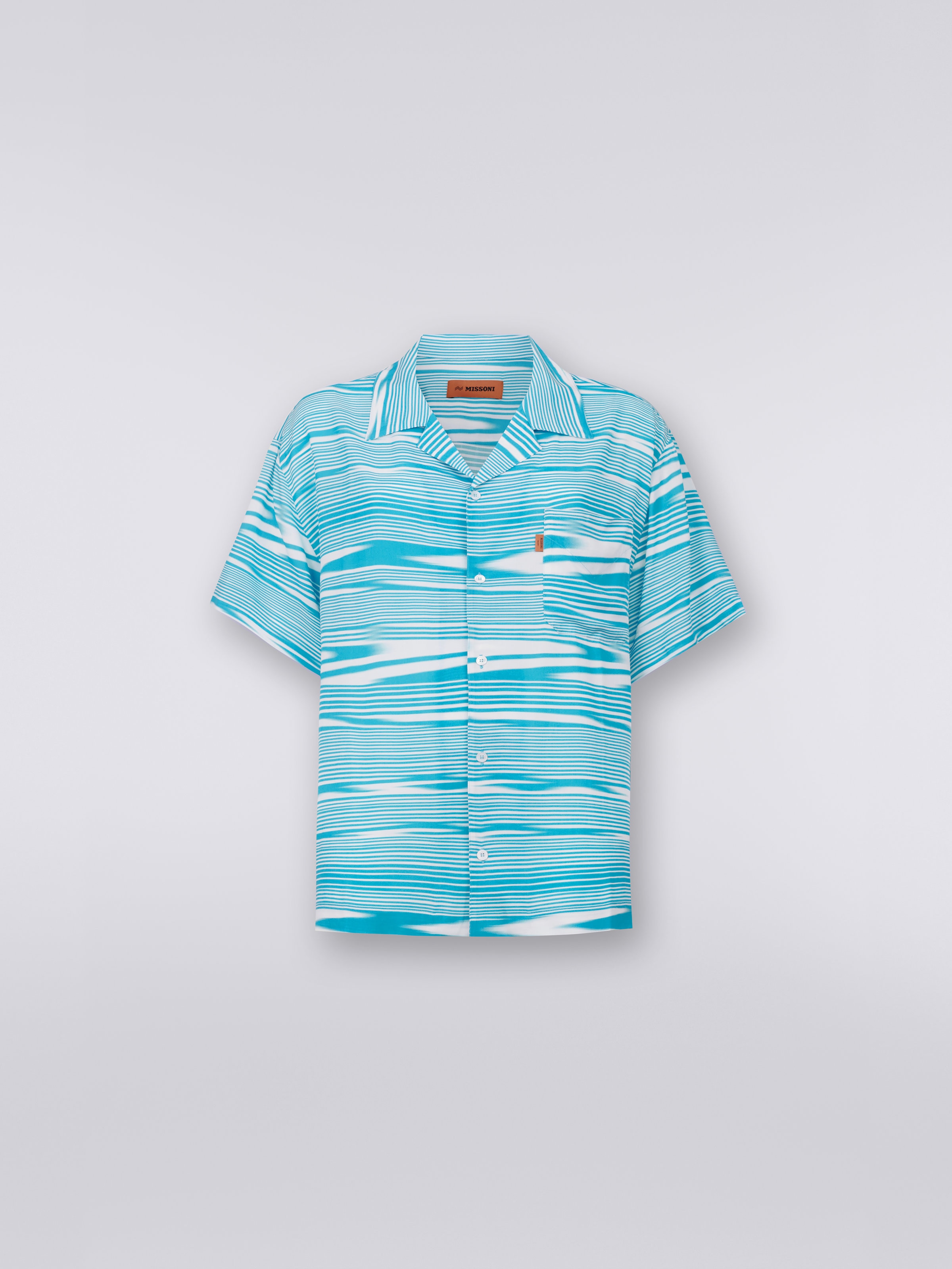 Short-sleeved viscose bowling shirt, White & Sky Blue - 0