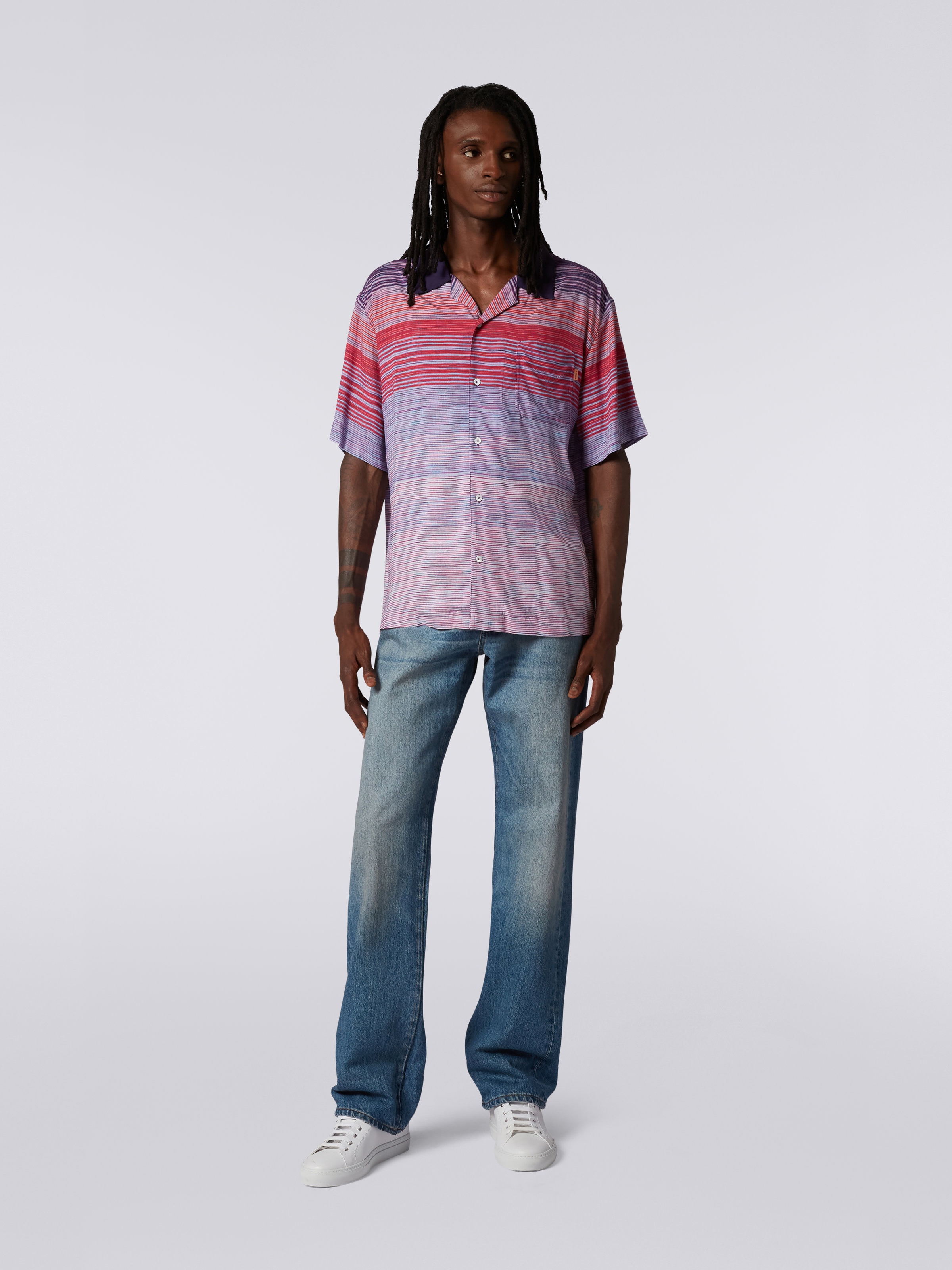 Short-sleeved cotton bowling shirt, Red, Purple & Light Blue - 1