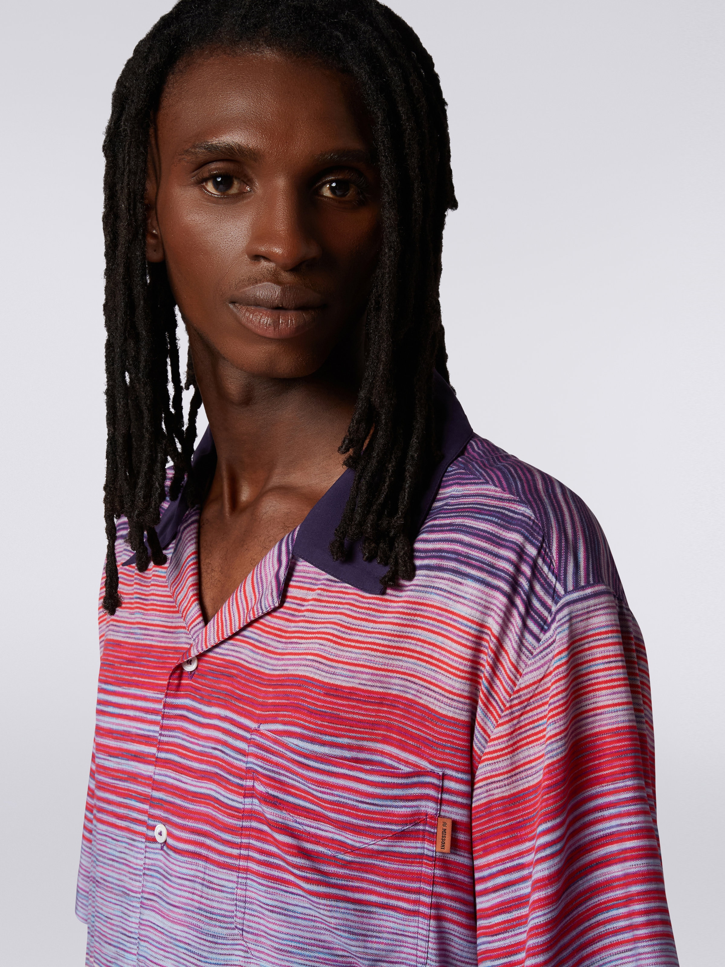 Short-sleeved cotton bowling shirt, Red, Purple & Light Blue - 4