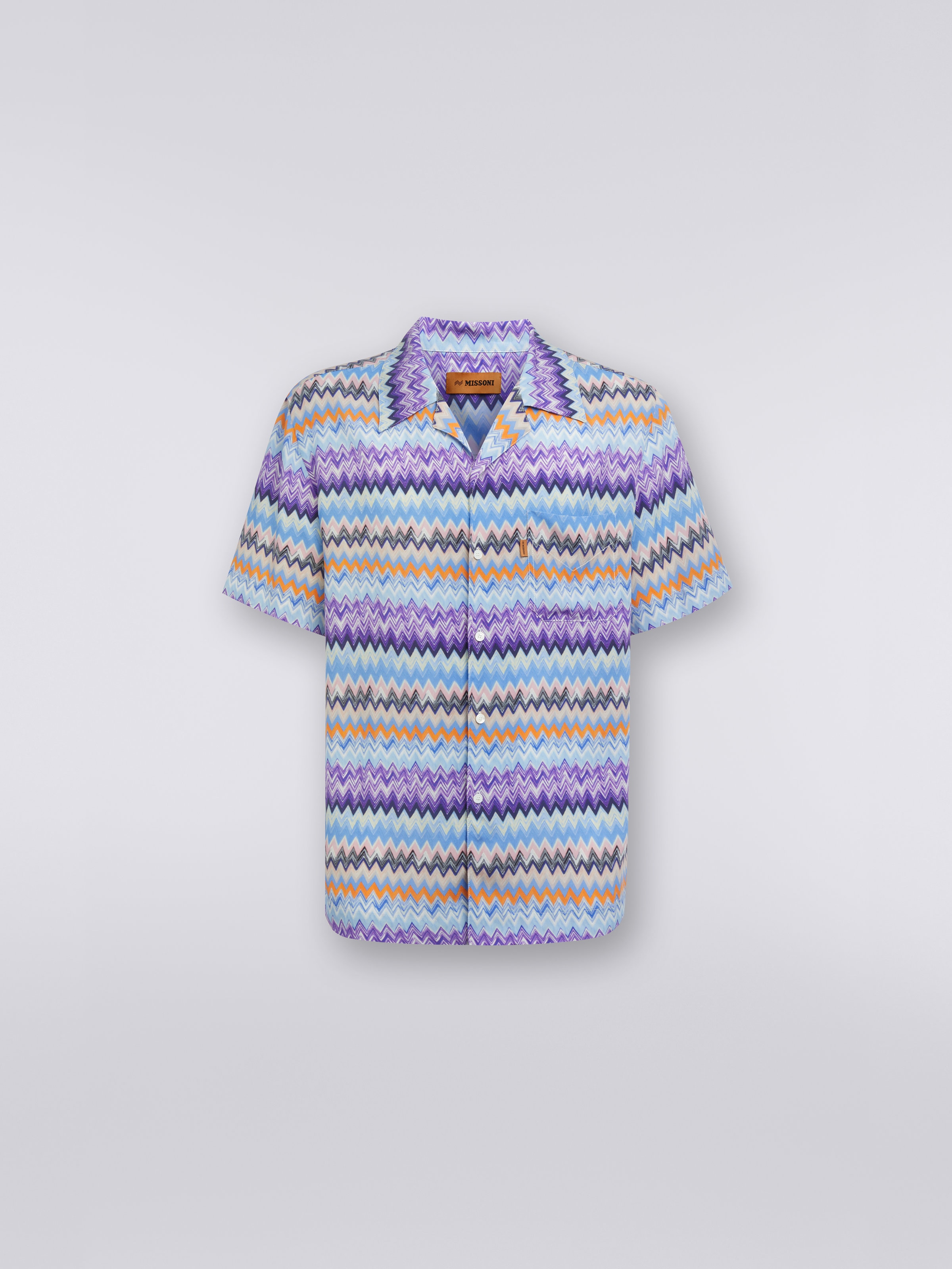 Short-sleeved chevron viscose bowling shirt, Blue - 0