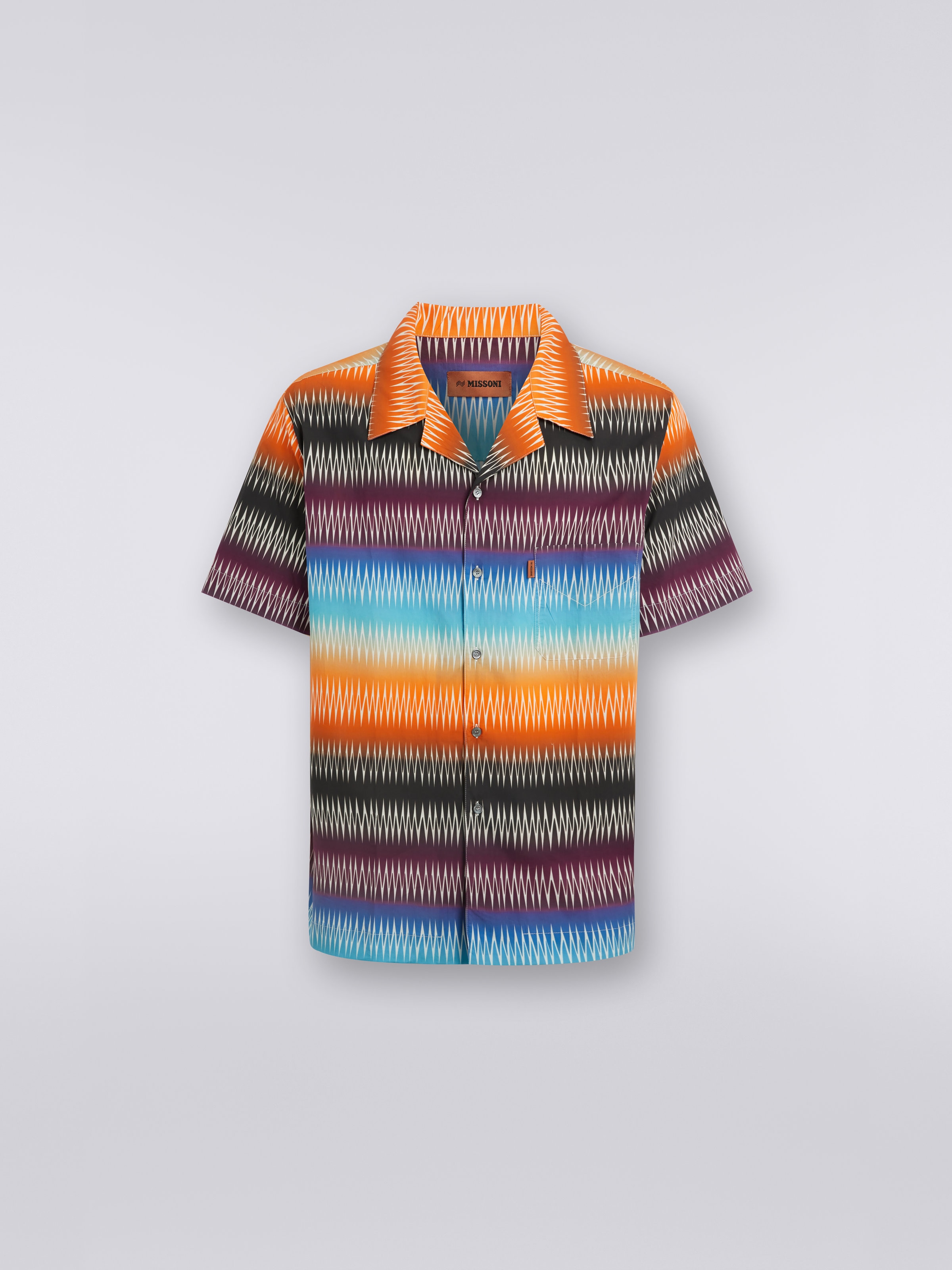 Camicia modello bowling a maniche corte in cotone stampa zig zag, Multicolore  - 0