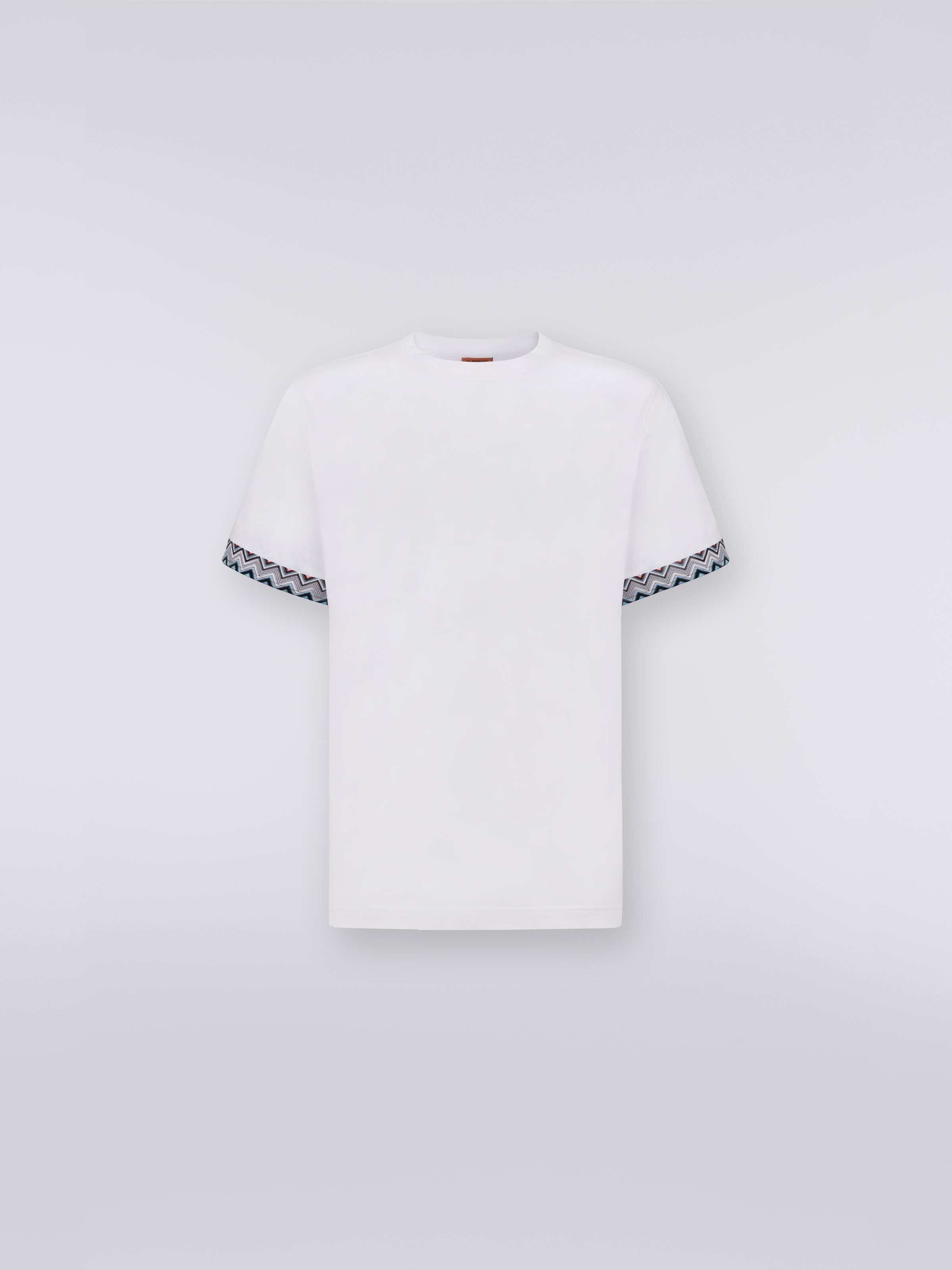 Cotton crew-neck T-shirt with knitted insert, White  - 0