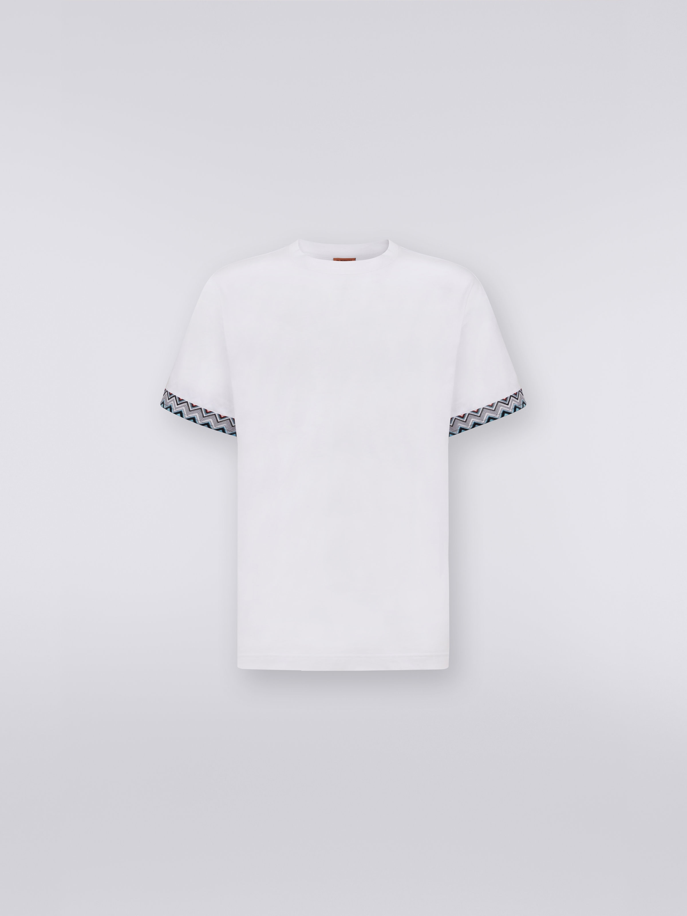 T-shirt girocollo in cotone con inserto in maglia, Bianco  - 0