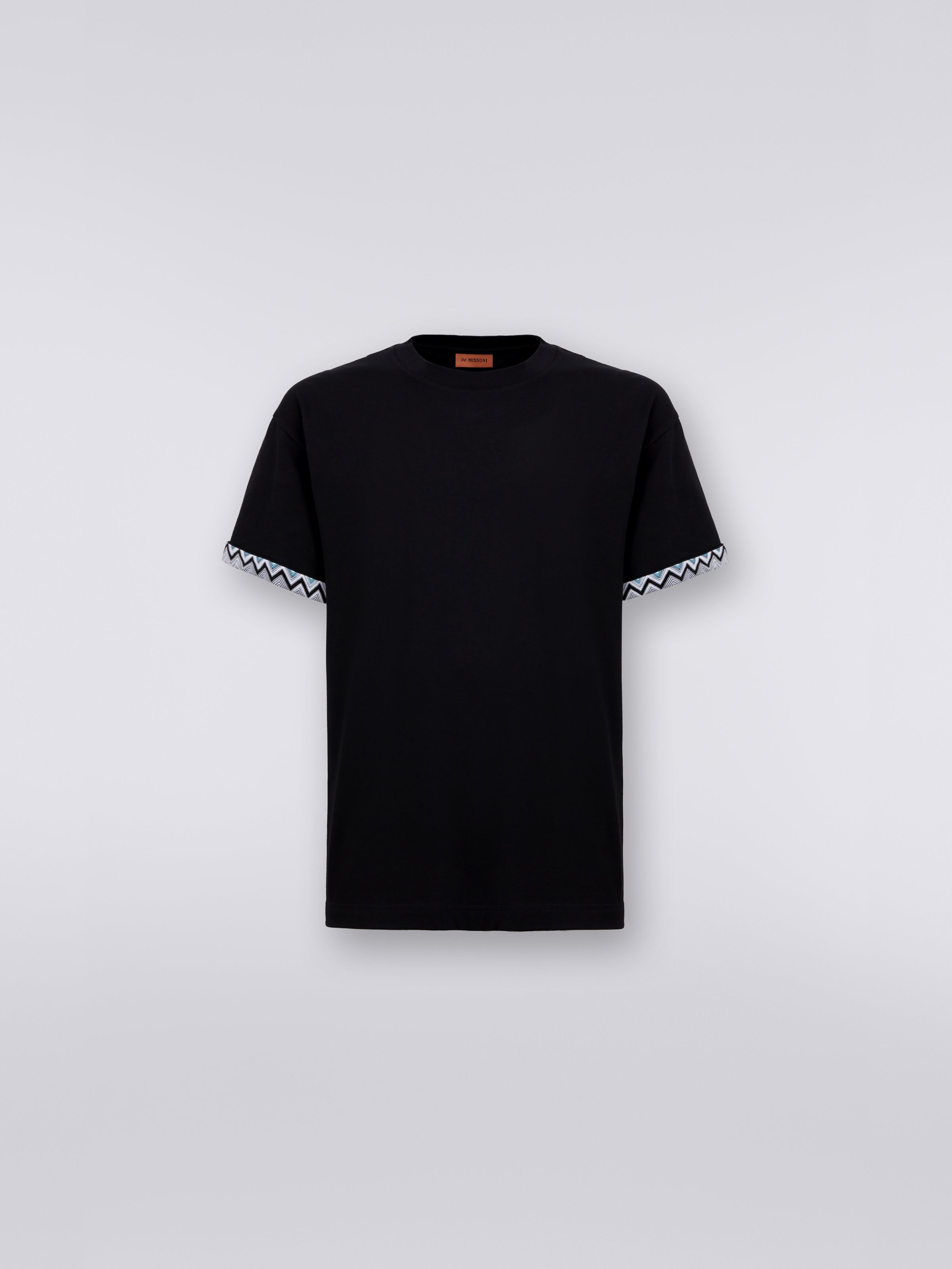 Camiseta de cuello redondo de algodón con detalle de punto, Negro    - 0