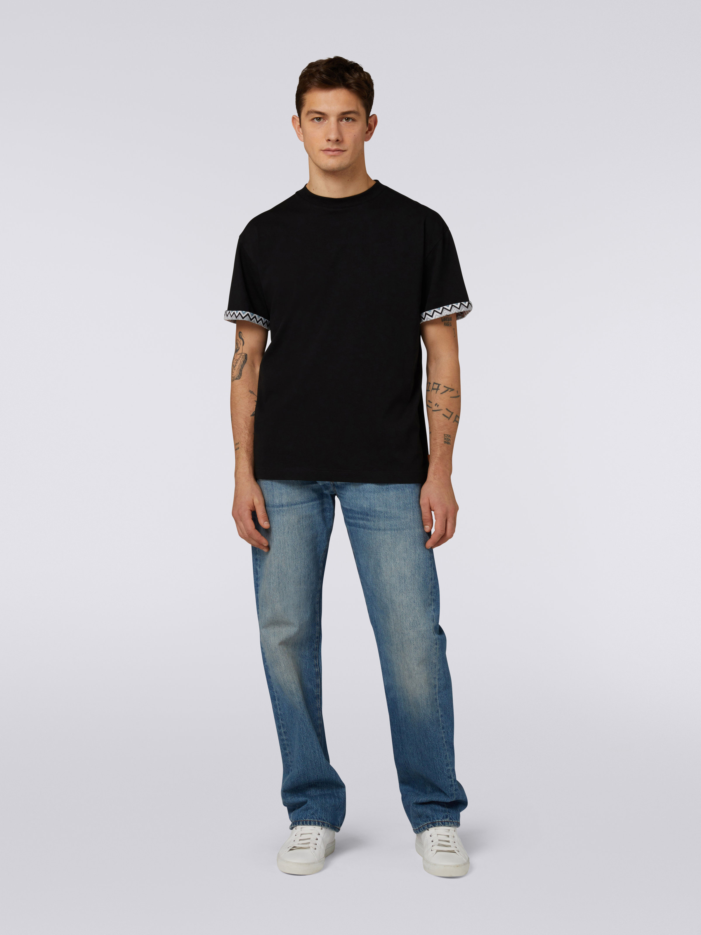 Camiseta de cuello redondo de algodón con detalle de punto, Negro    - 4