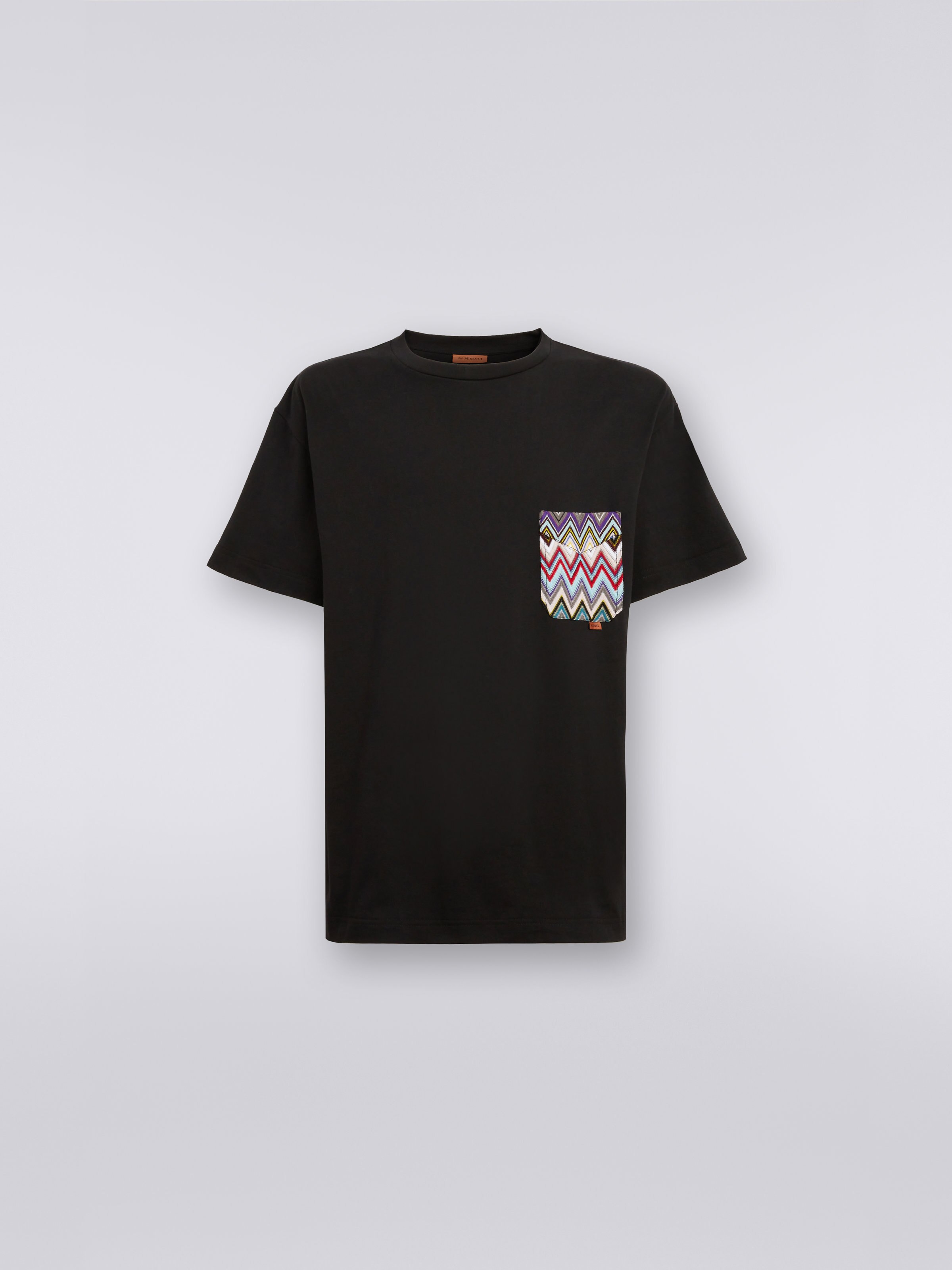 Baumwoll-T-Shirt mit Rundhalsausschnitt und mehrfarbiger Tasche aus Strick, Schwarz    - 0