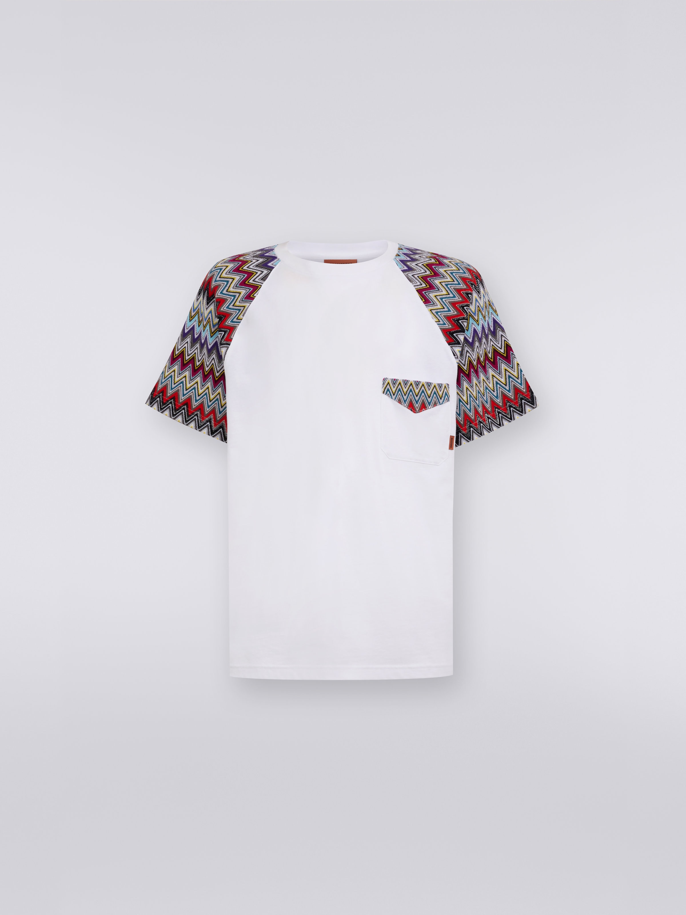 Cotton crew-neck T-shirt with knitted inserts, White  - 0