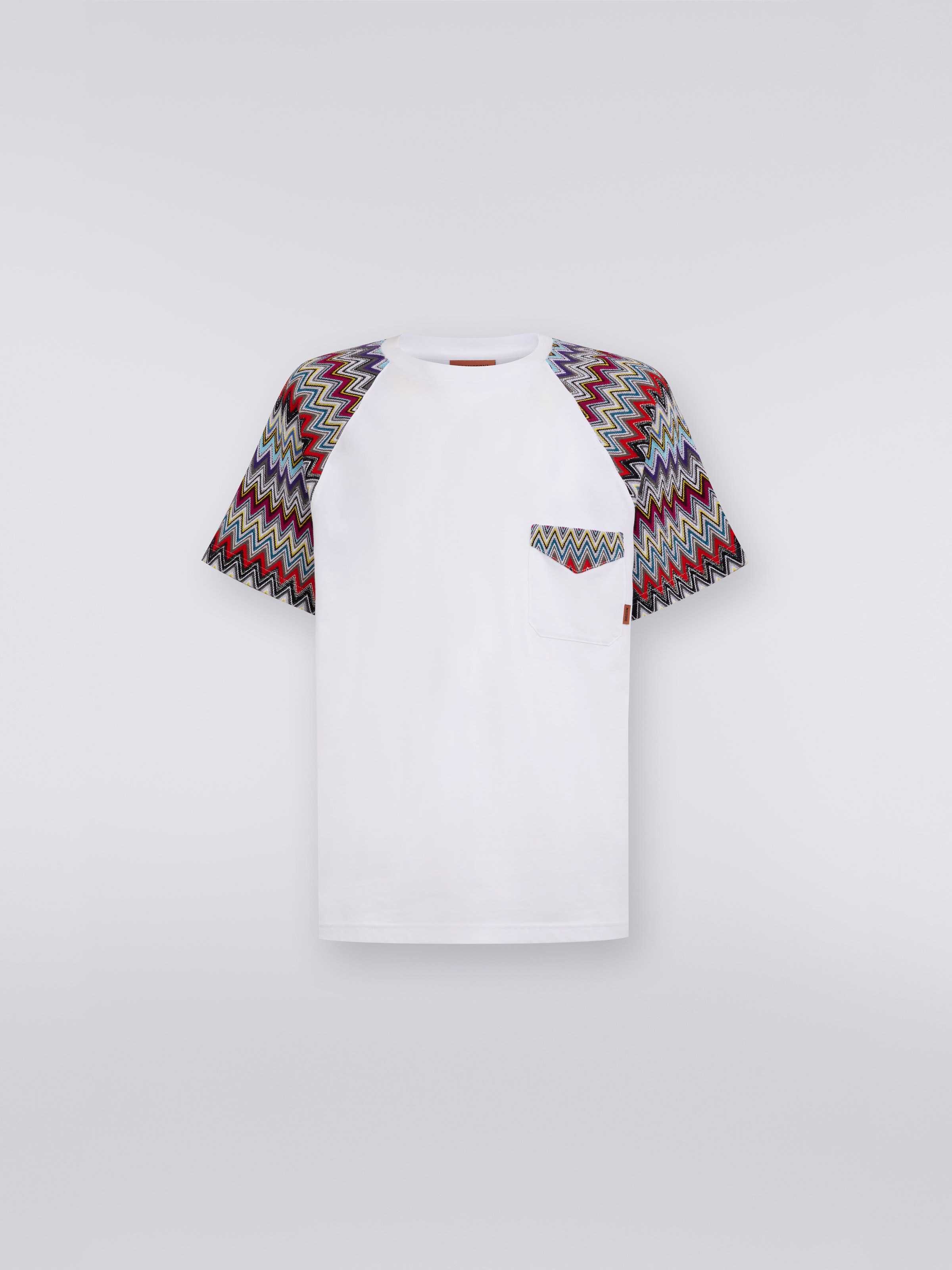 T-shirt girocollo in cotone con inserti in maglia, Bianco  - 0