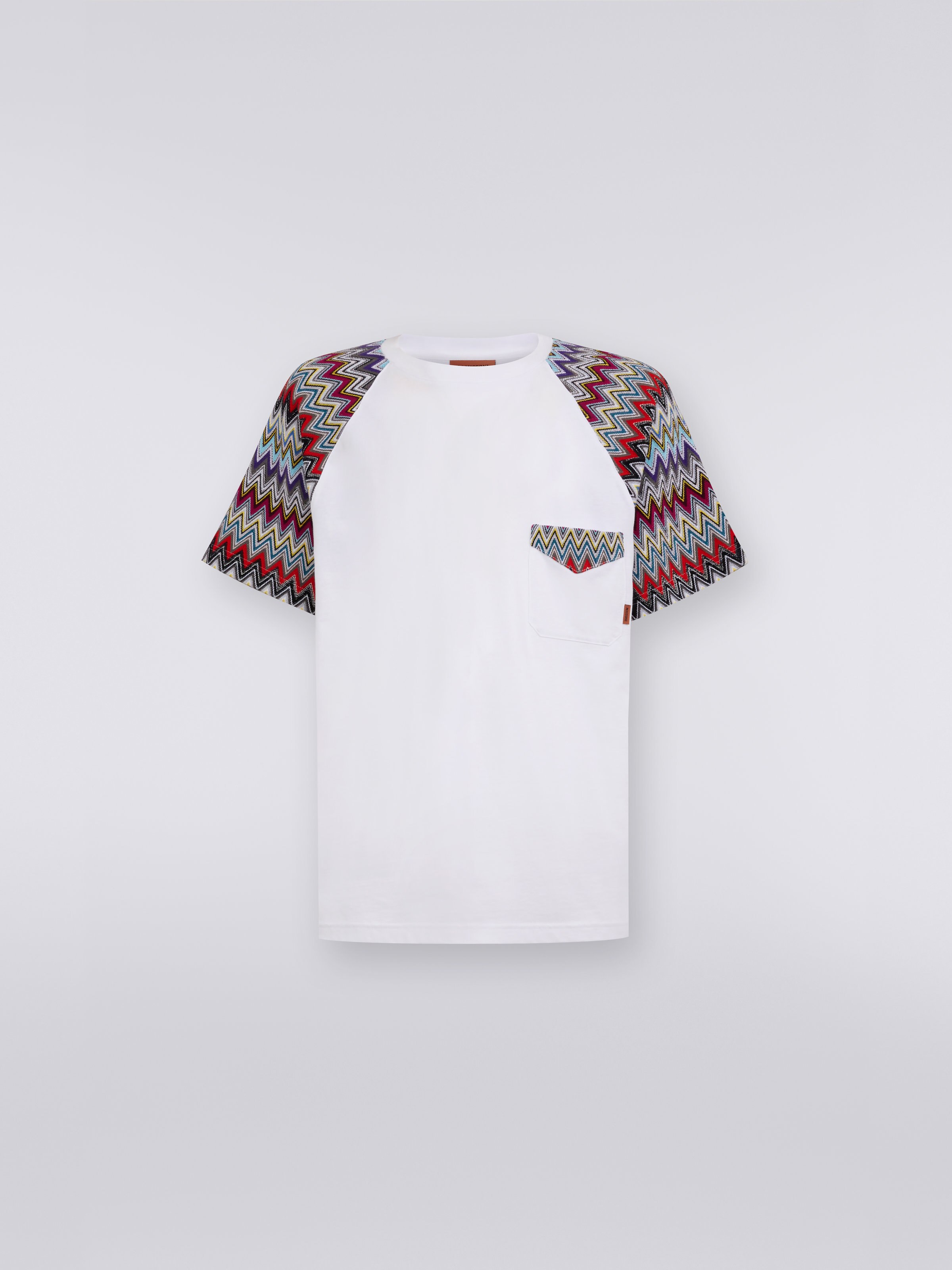 Cotton crew-neck T-shirt with knitted inserts, White  - 0