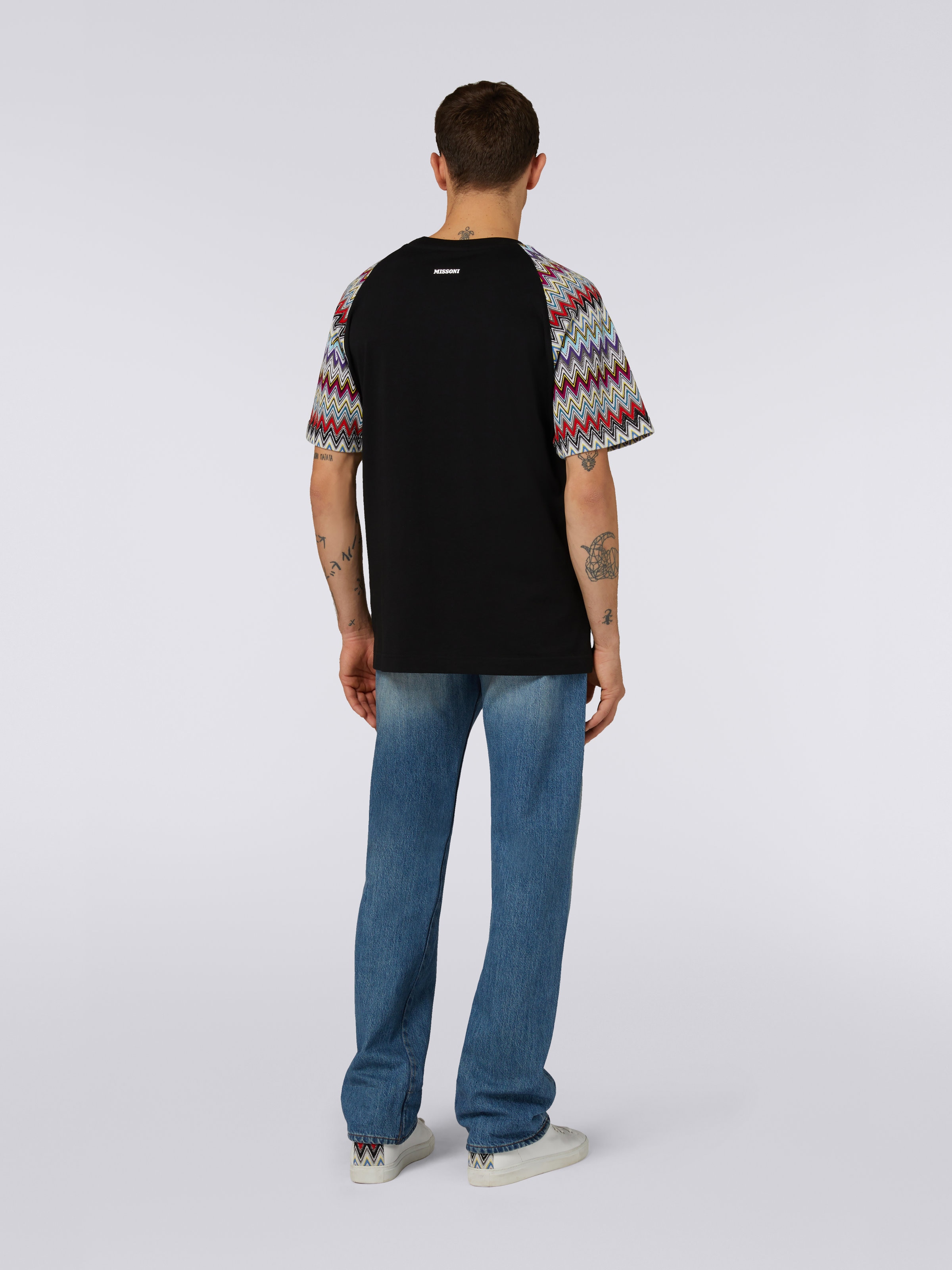 T-shirt girocollo in cotone con inserti in maglia, Nero    - 3