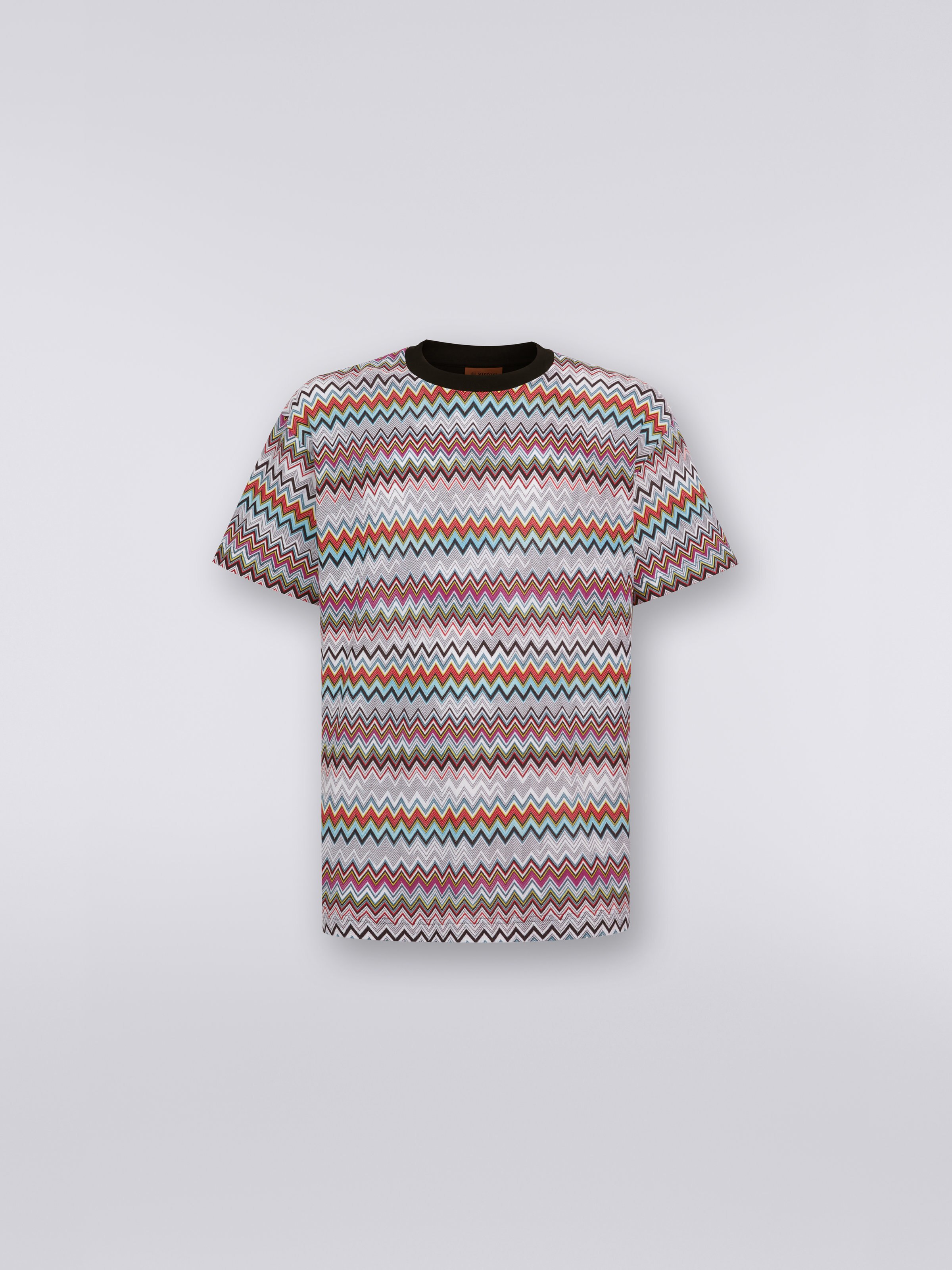 Cotton and viscose zigzag crew-neck T-shirt, Multicoloured  - 0