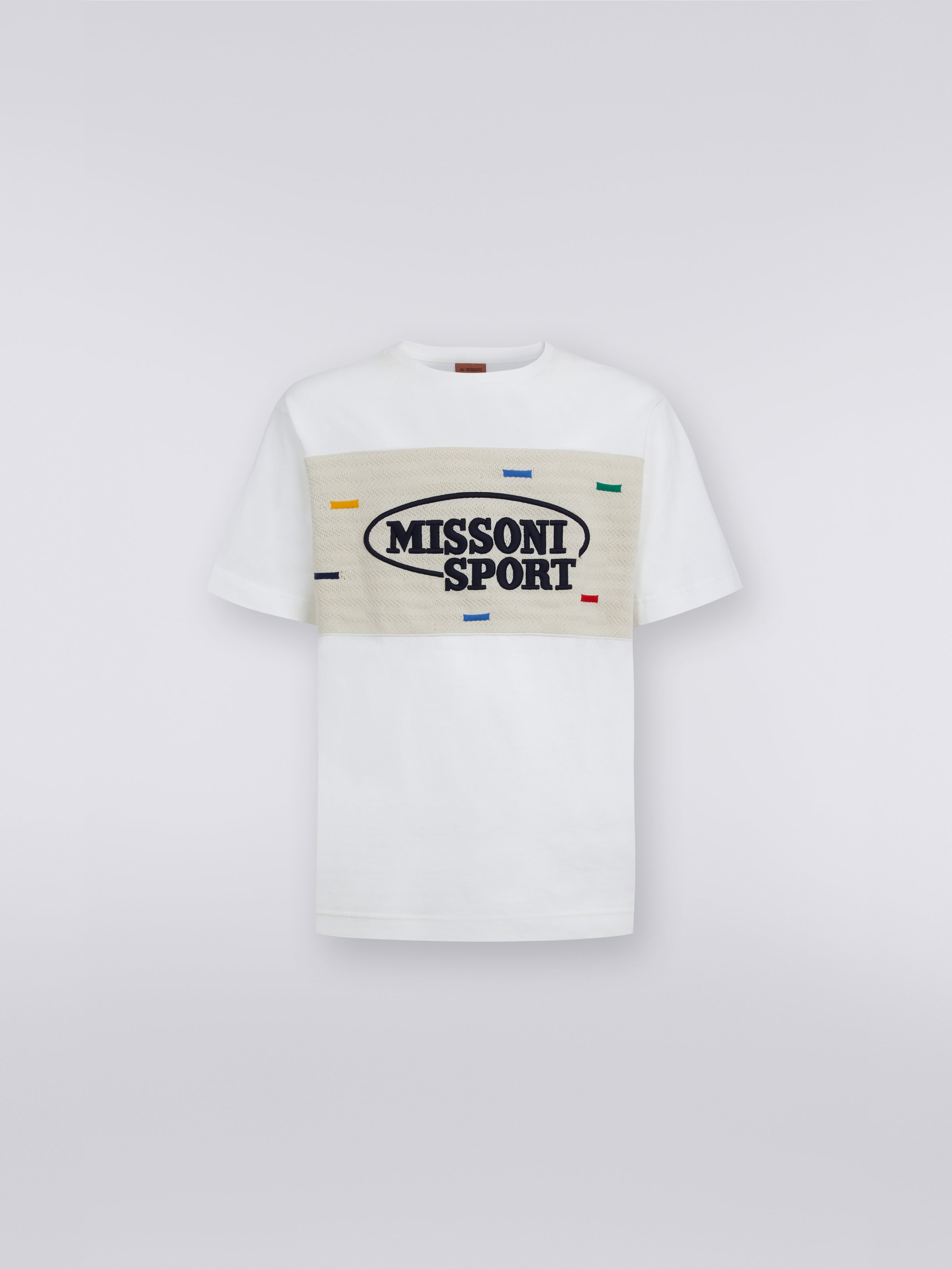 Cotton crew-neck T-shirt with knitted insert and logo, White & Multicoloured Heritage - 0