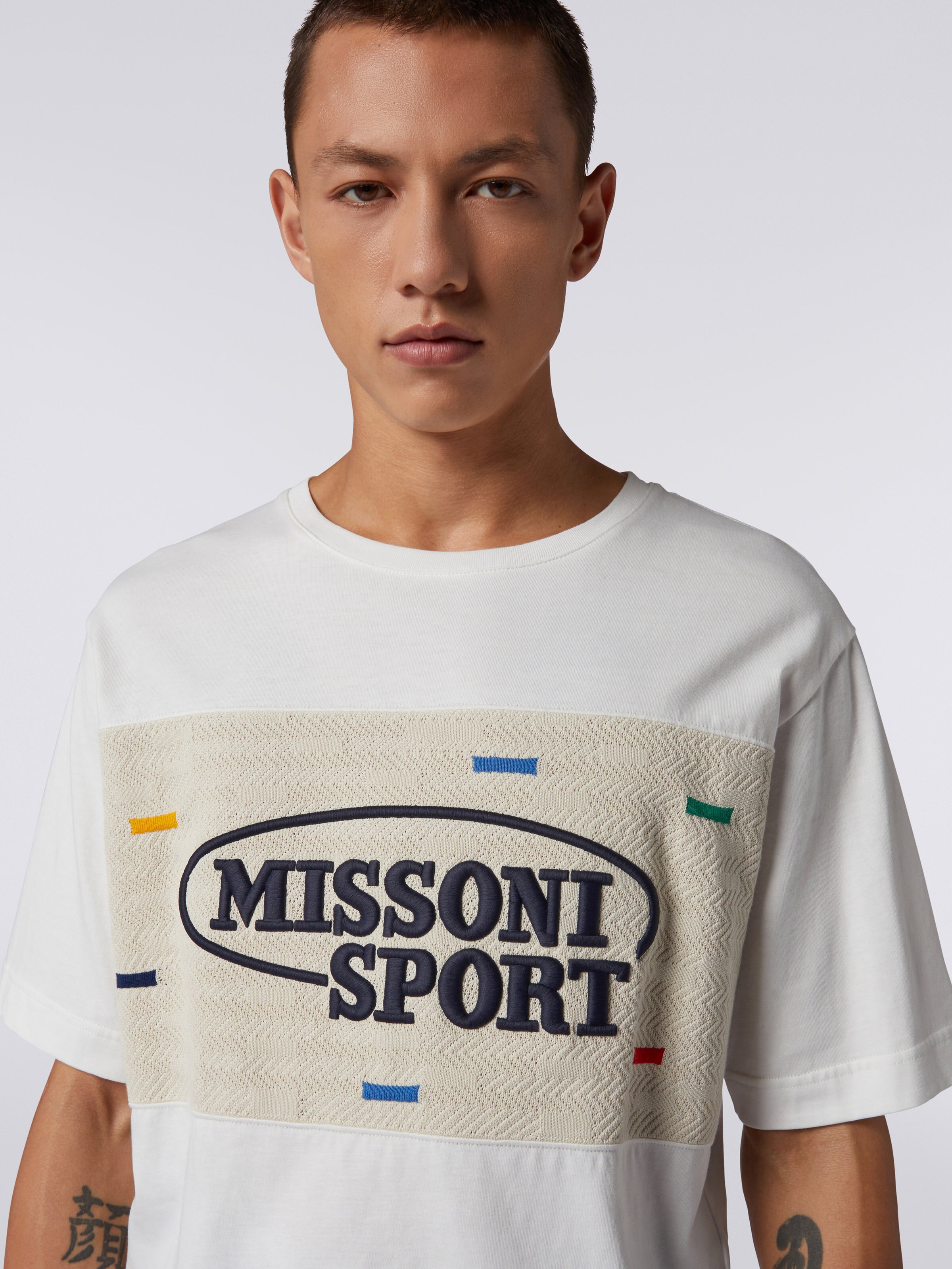 Cotton crew-neck T-shirt with knitted insert and logo, White & Multicoloured Heritage - 4