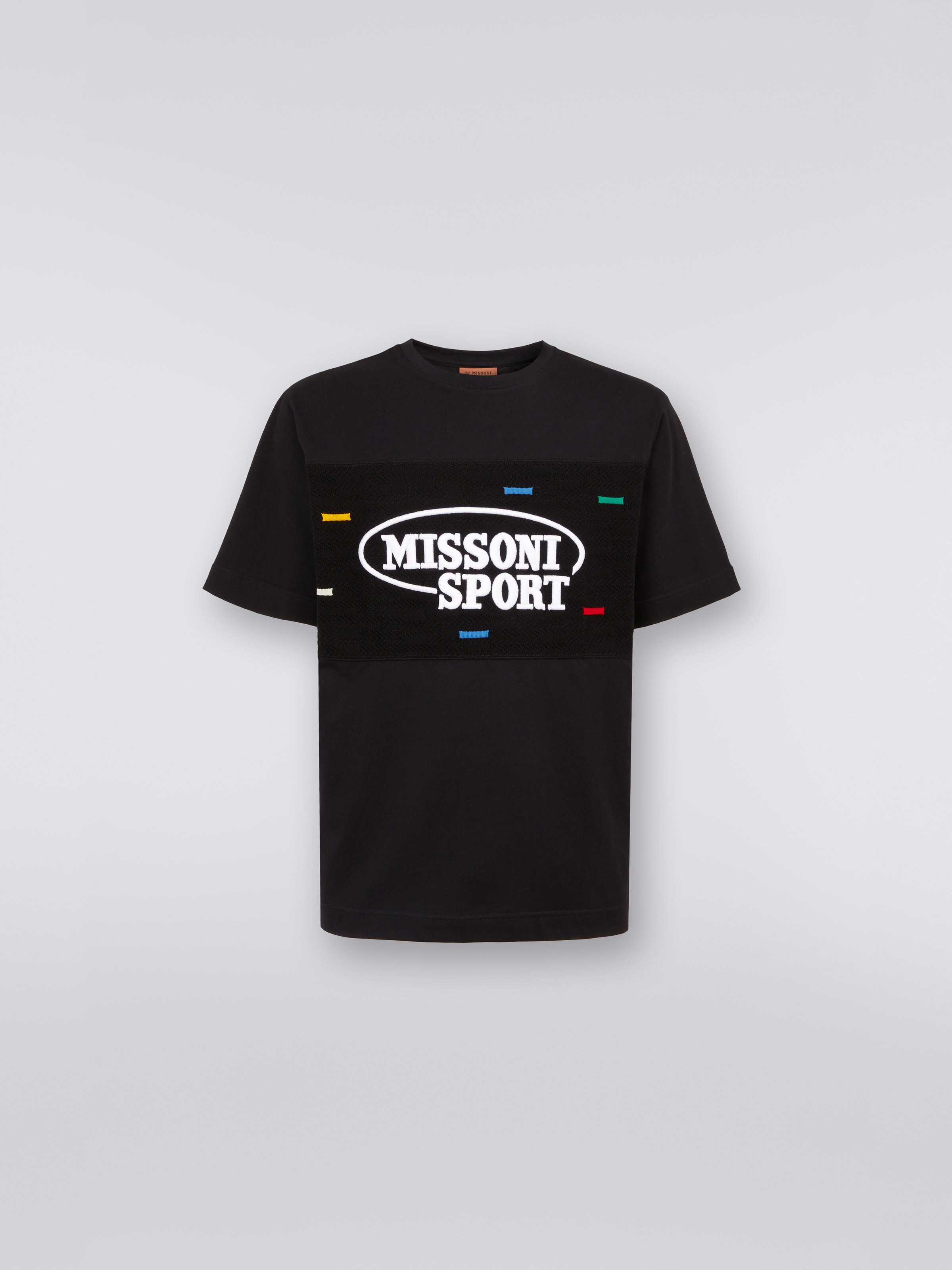 Cotton crew-neck T-shirt with knitted insert and logo, Black & Multicoloured - 0