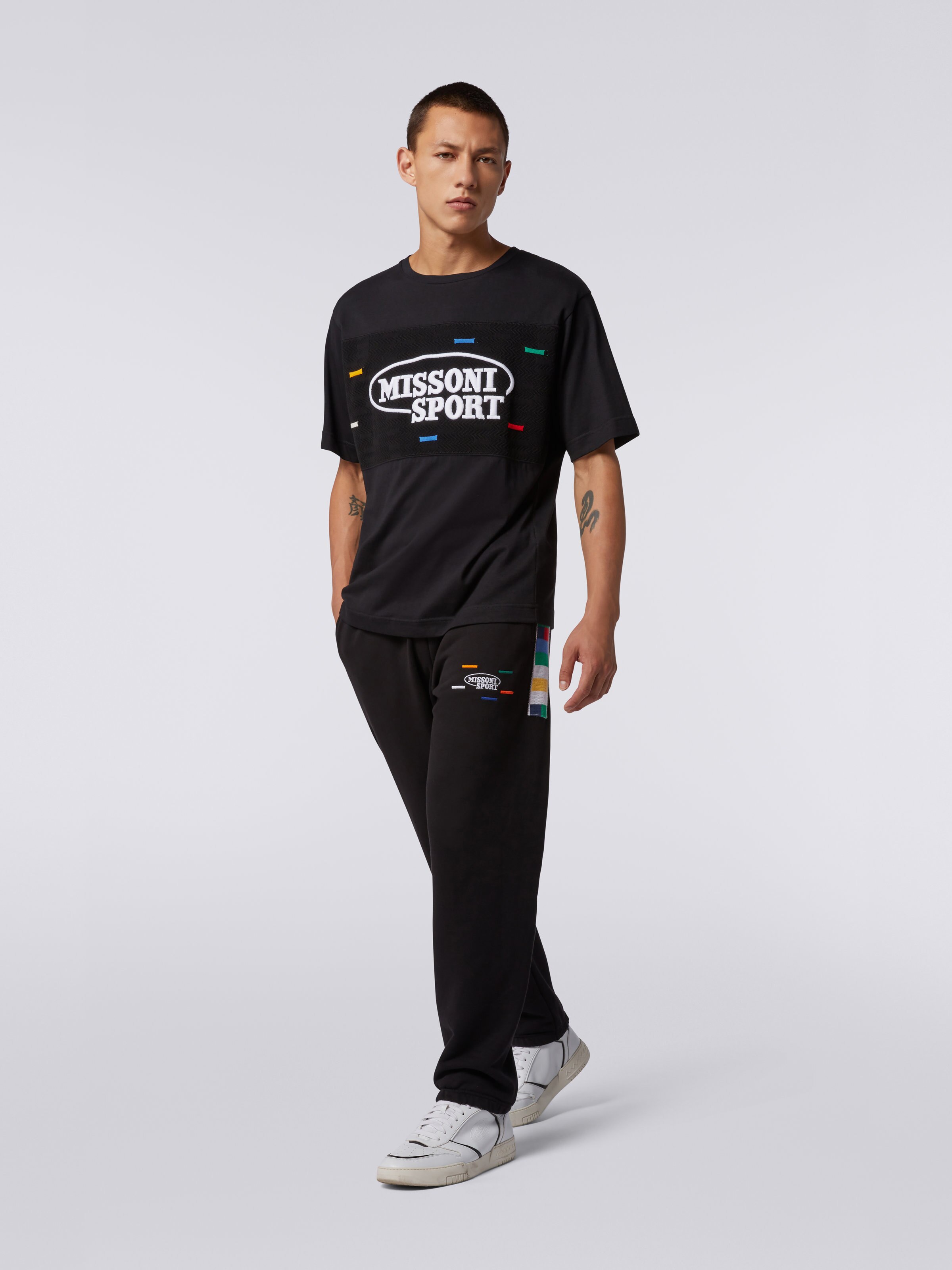 Cotton crew-neck T-shirt with knitted insert and logo, Black & Multicoloured - 1