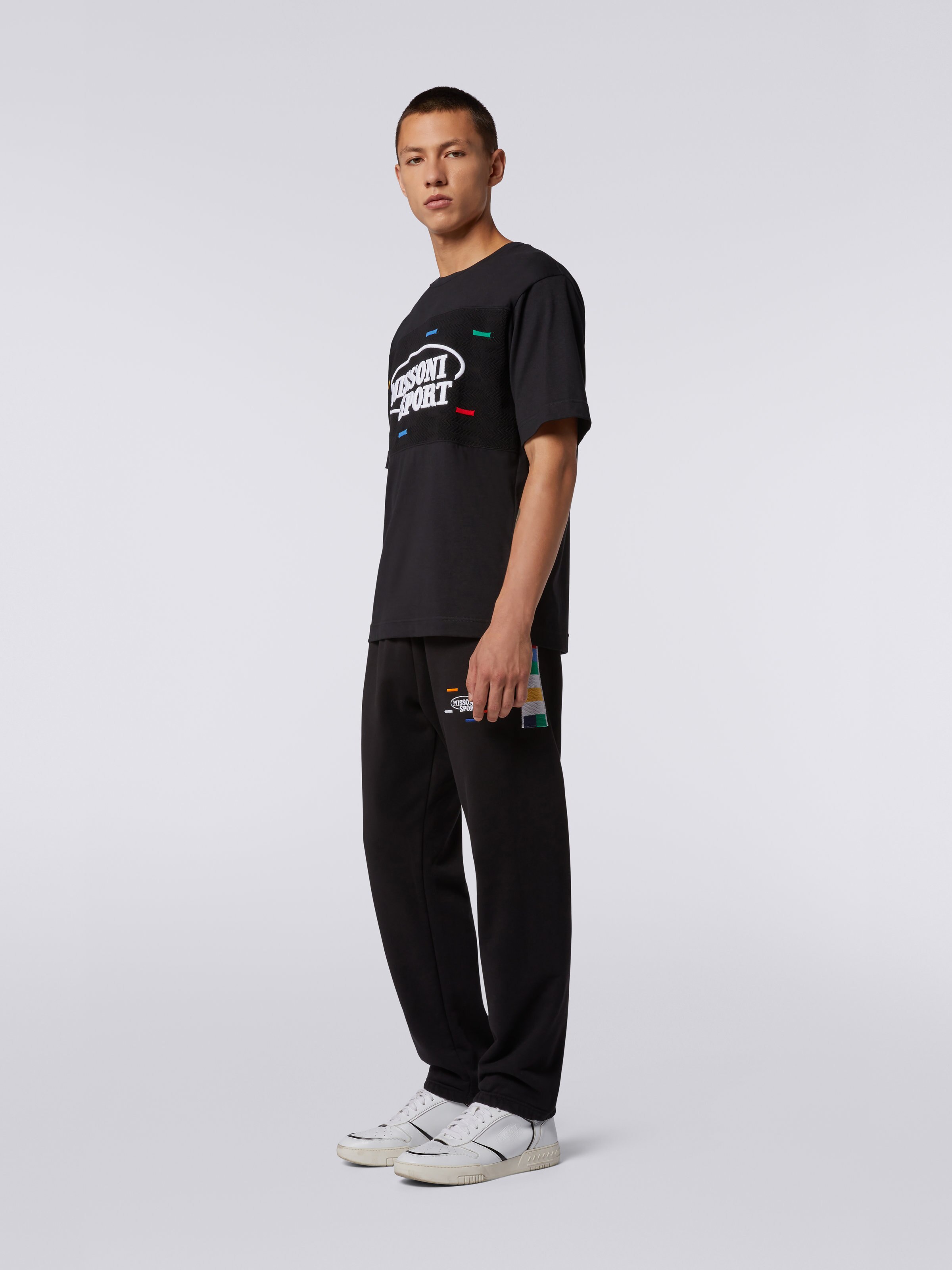 Cotton crew-neck T-shirt with knitted insert and logo, Black & Multicoloured - 2