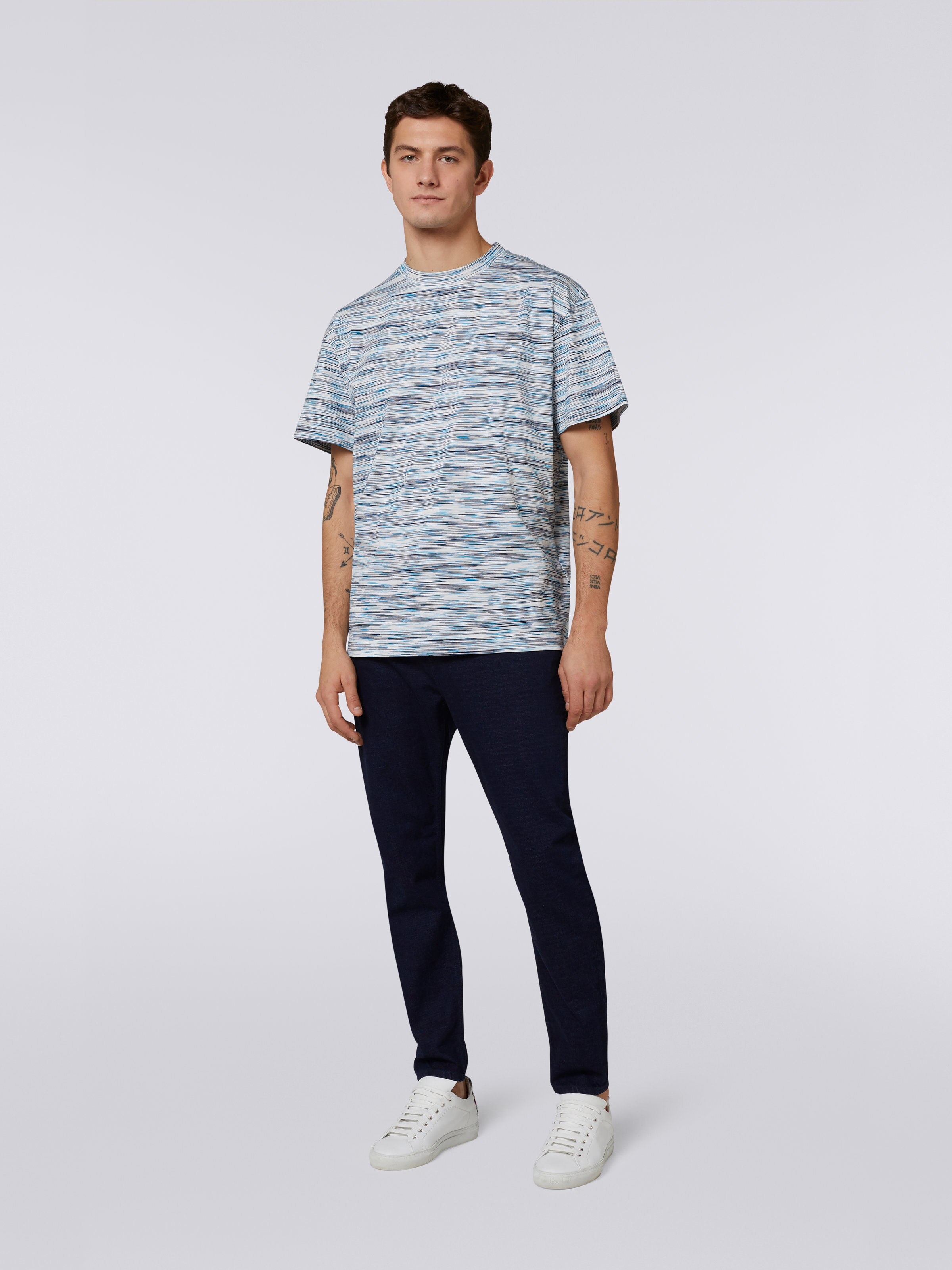 Slub cotton jersey crew-neck T-shirt, White & Sky Blue - 1